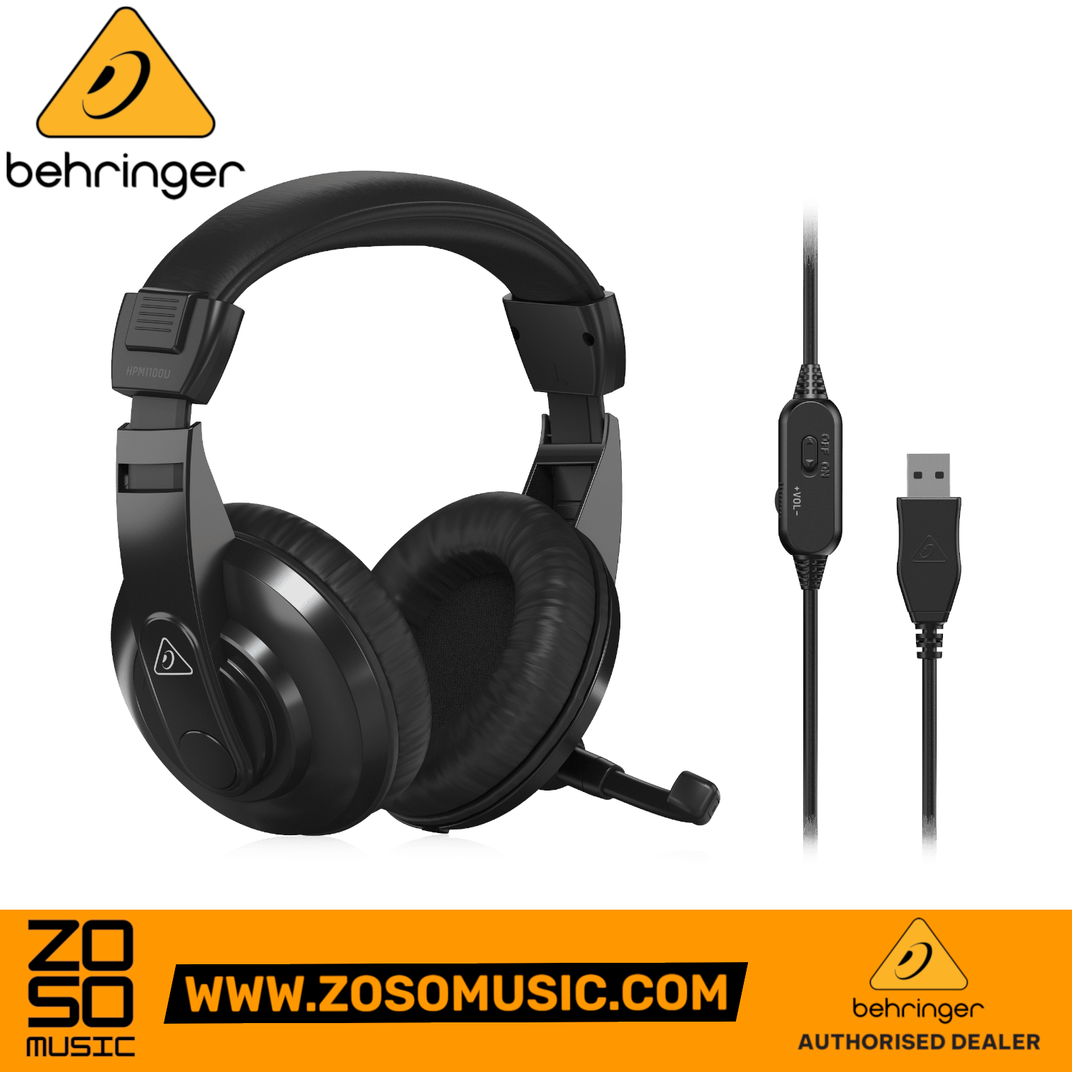 Zoso Music Behringer HPM1100U black USB headset with boom microphone, in-line volume control, and padded ear cups.