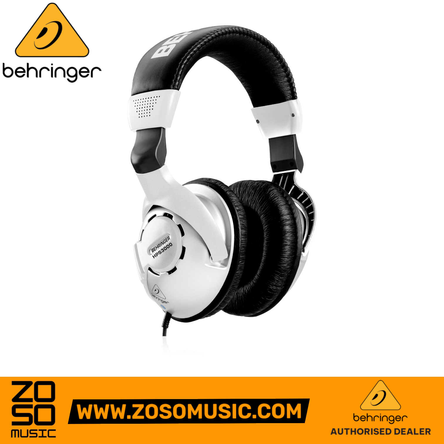 Zoso Music Behringer HPS3000 closed-back studio headphones with black and white design and padded headband