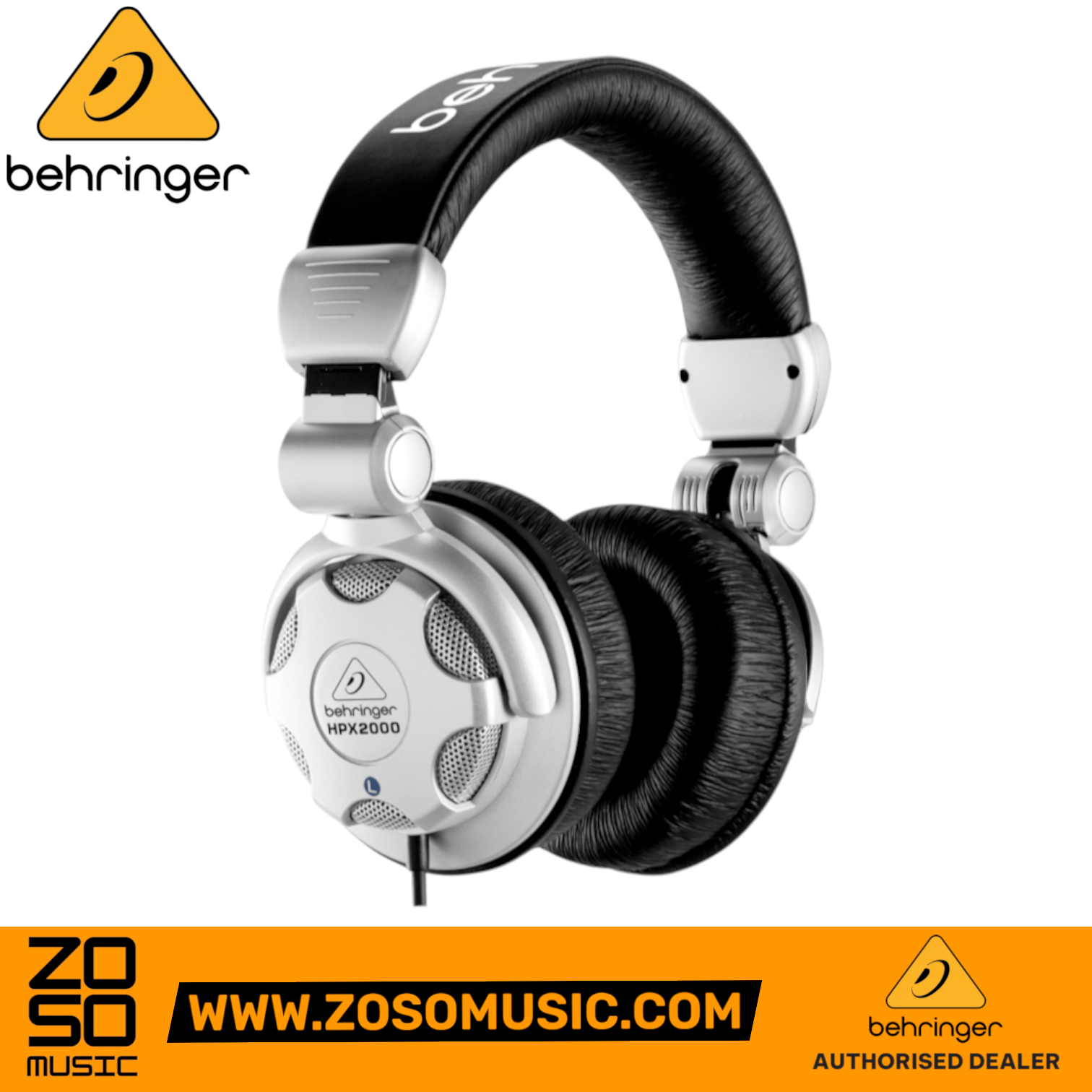 Zoso Music Behringer HPX2000 closed-back DJ headphones with silver earcups, black padded headband, and rotating design