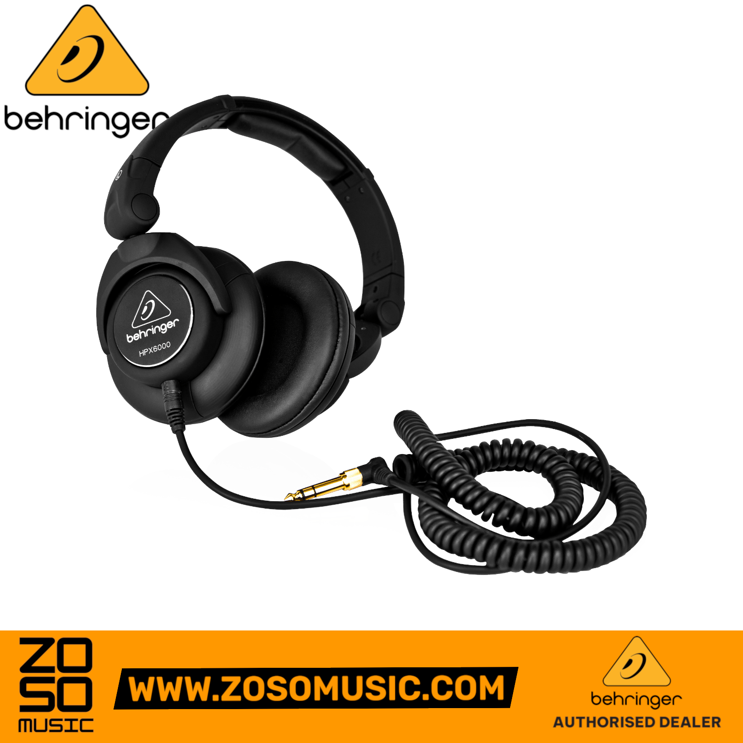 Zoso Music Behringer HPX6000 black closed-back DJ headphones with detachable coiled cable and adjustable headband