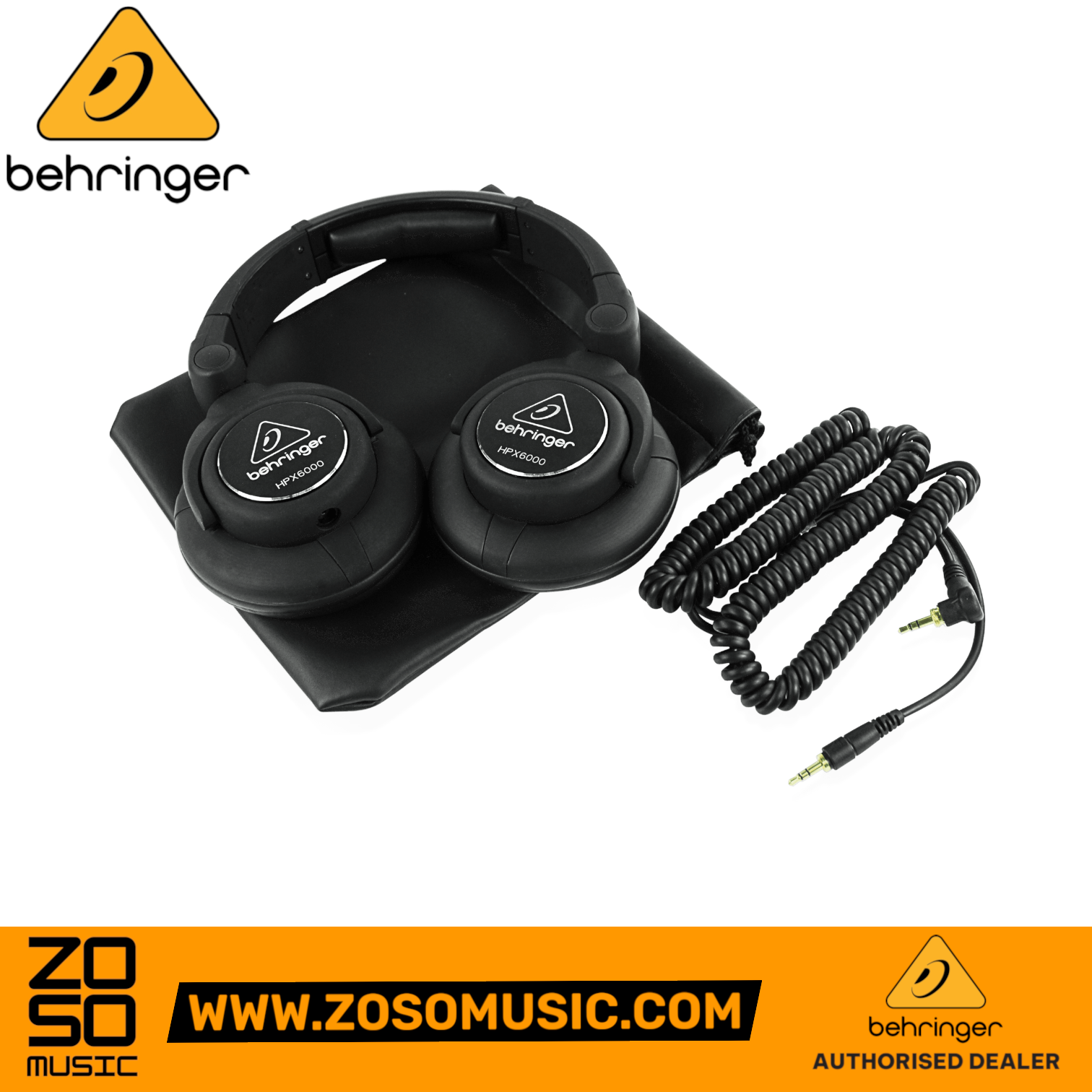 Zoso Music Behringer HPX6000 black closed-back DJ headphones with detachable coiled cable and storage pouch