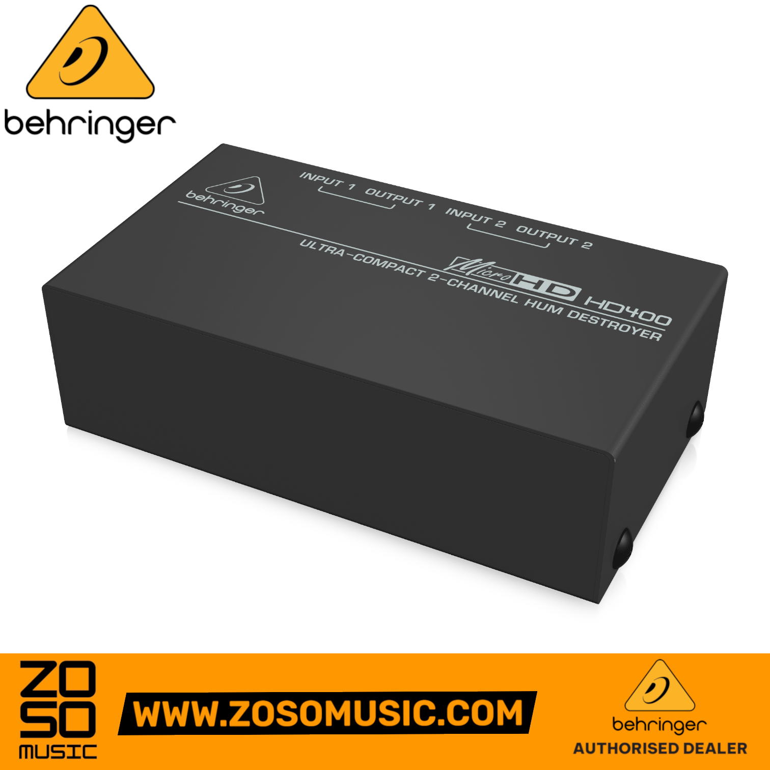 Zoso Music Behringer MicroHD HD400 2-channel hum destroyer and direct box in a compact black metal chassis