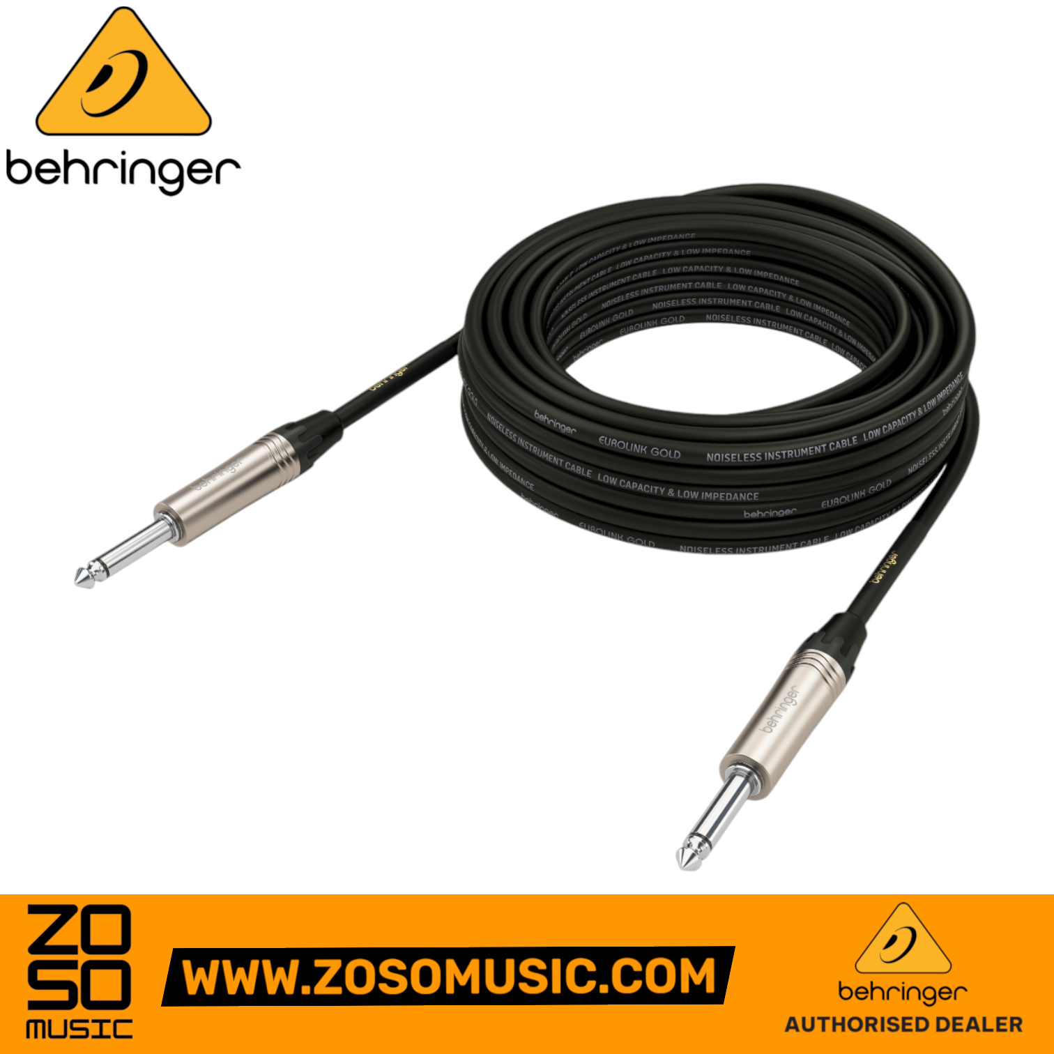 Zoso Music Behringer GIC-1000 10m instrument cable with 1/4 inch TS connectors and durable black shielding