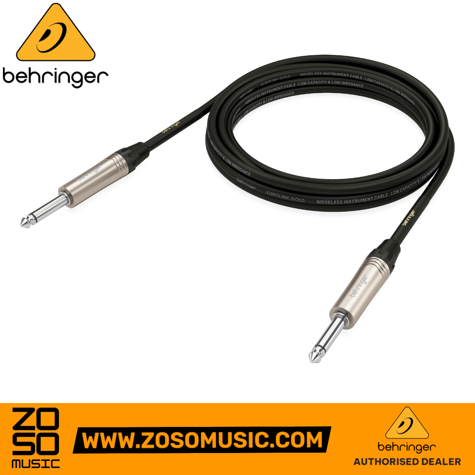Zoso Music Behringer GIC-300 3m instrument cable with gold-plated 1/4 inch TS connectors and black noise-free wire