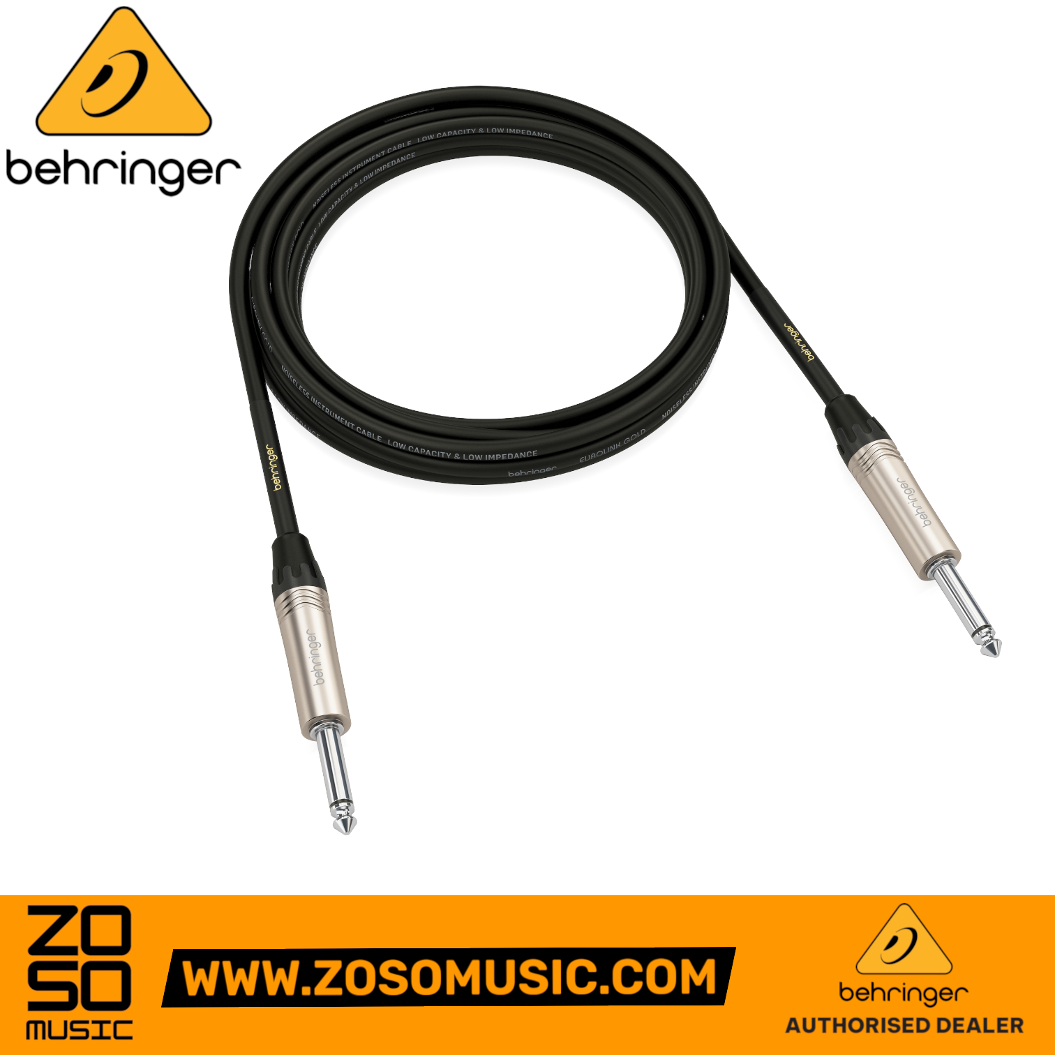 Zoso Music Behringer GIC-300 3m instrument cable with gold-plated 1/4 inch TS connectors and black shielding