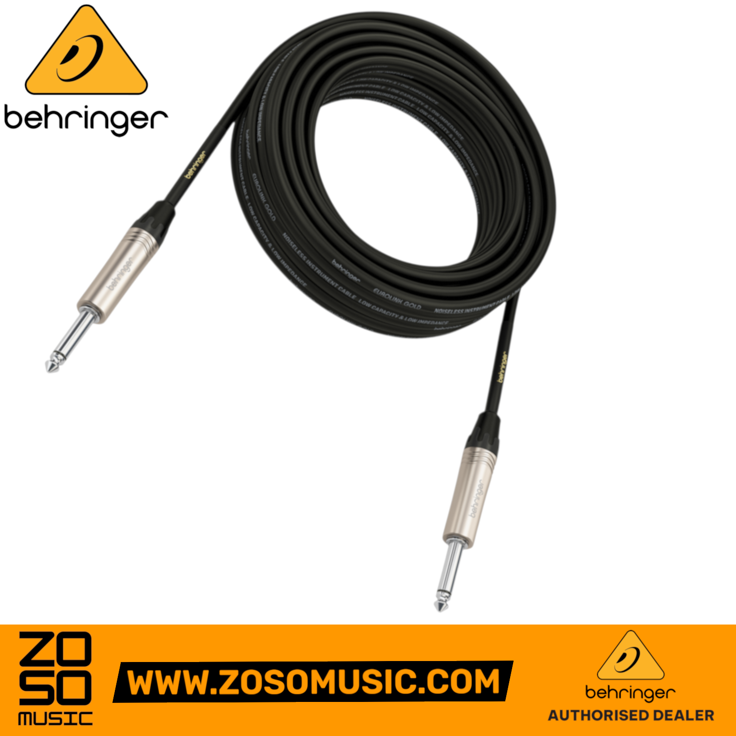 Zoso Music Behringer GIC-1000 10m instrument cable with 1/4 inch TS connectors and durable metal housing