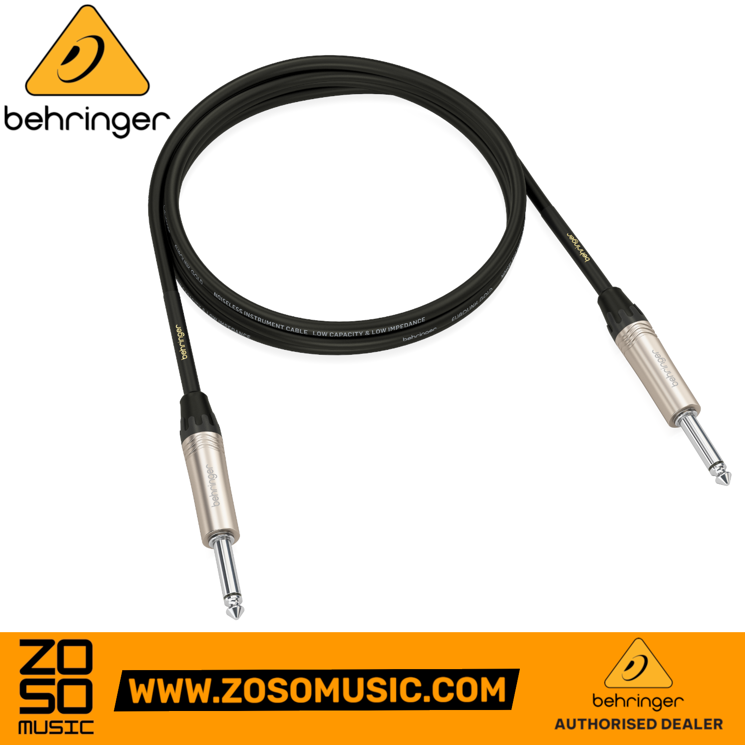 Zoso Music Behringer GIC-150 1.5m instrument cable with gold-plated 1/4 inch TS connectors and black shielding