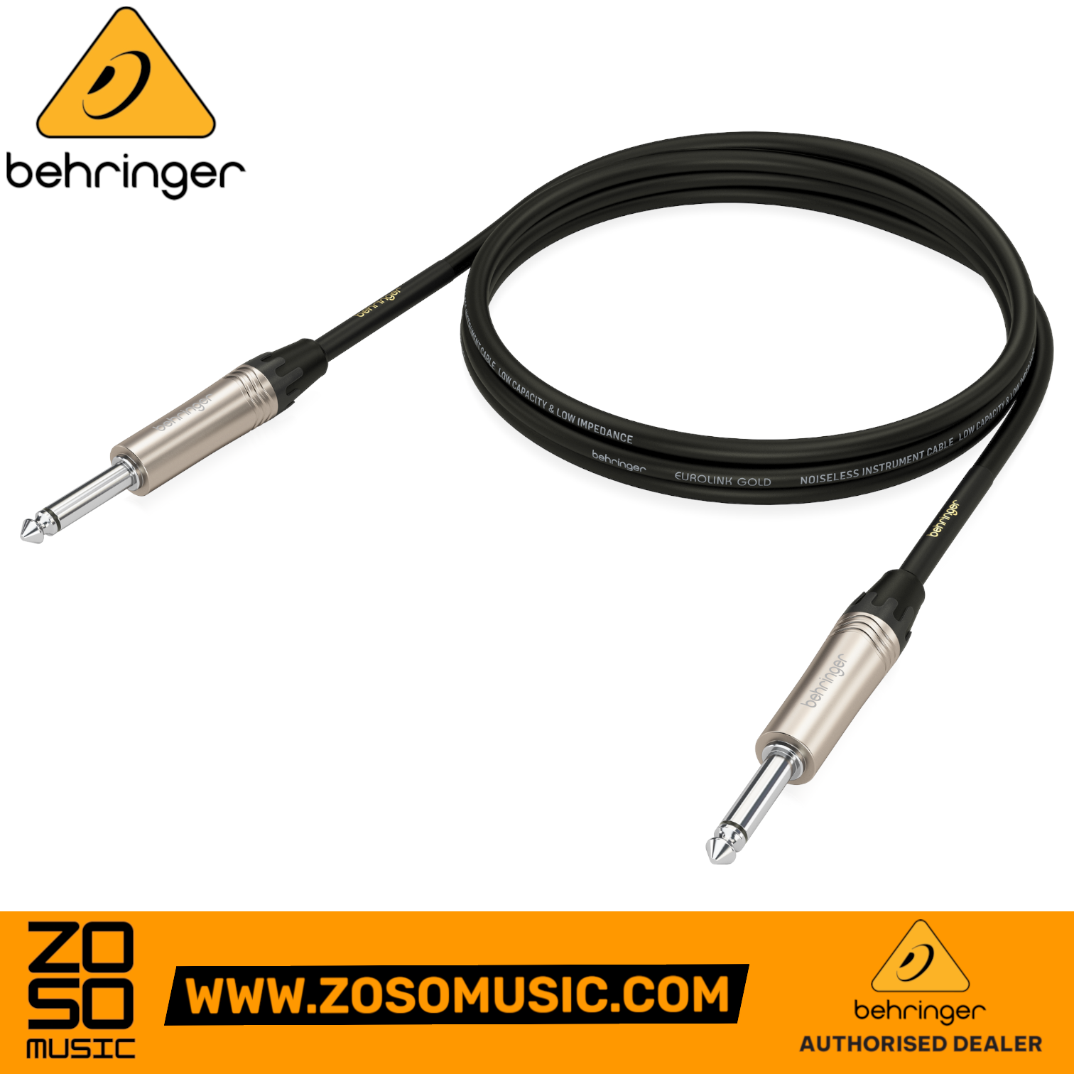 Zoso Music Behringer GIC-150 1.5m instrument cable with gold-plated 1/4 inch TS connectors and black shielding