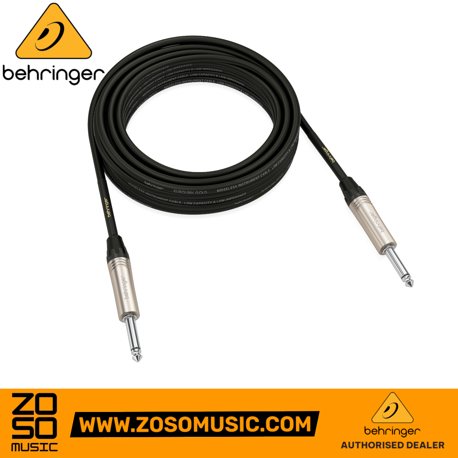 Zoso Music Behringer GIC-600 6m instrument cable with gold-plated 1/4 inch TS connectors and black shielding