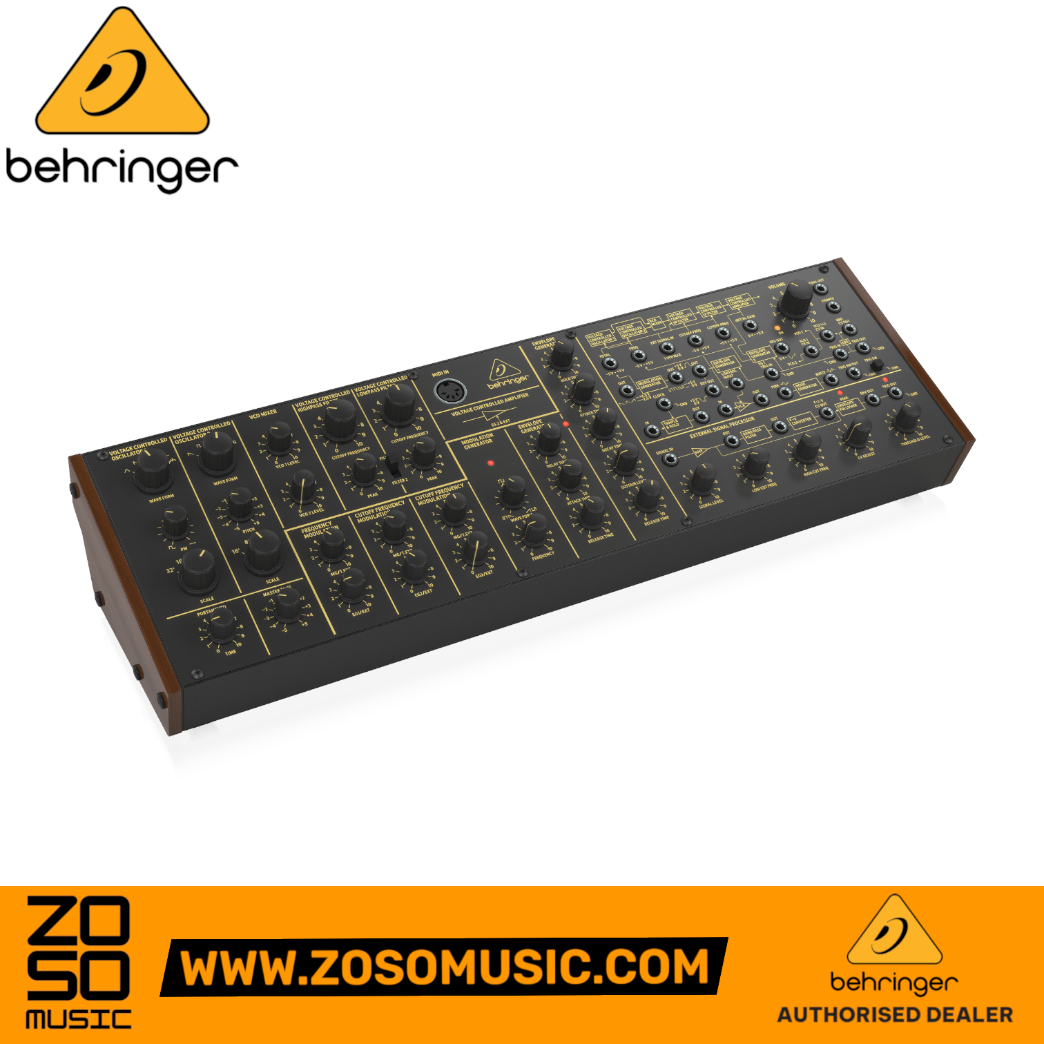 Zoso Music Behringer K-2 semi-modular analog synthesizer with black control panel and wooden side panels