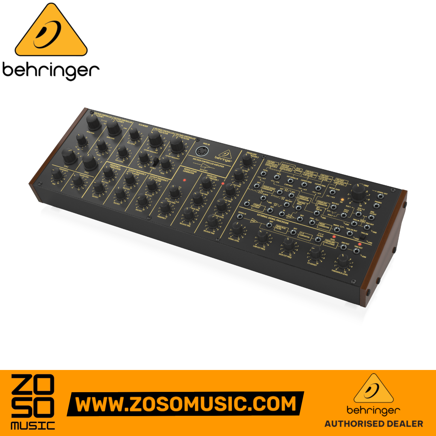 Zoso Music Behringer K-2 semi-modular analog synthesizer with black control panel and gold knobs