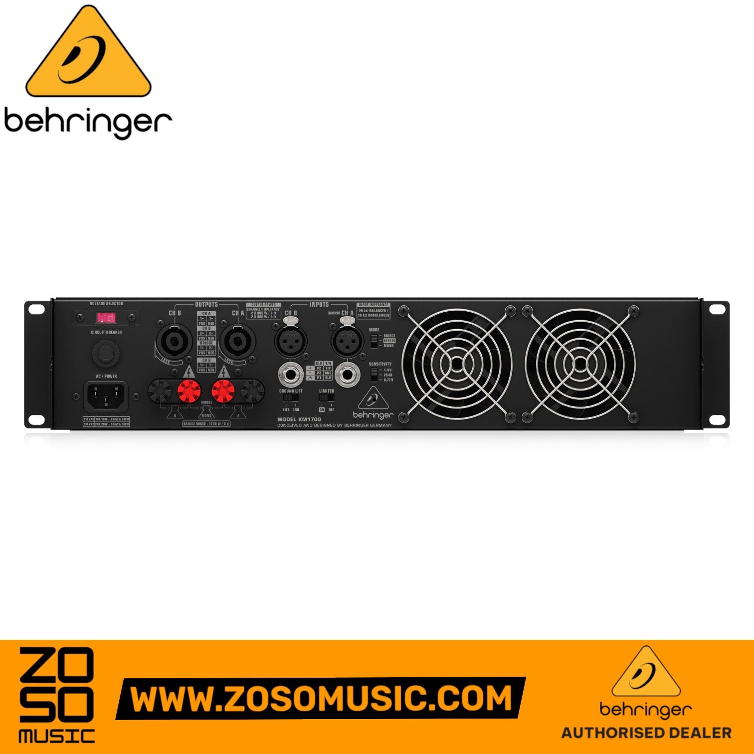 Rear panel of Zoso Music Behringer KM1700 power amplifier showing XLR inputs, locking speaker outputs, and dual fans.