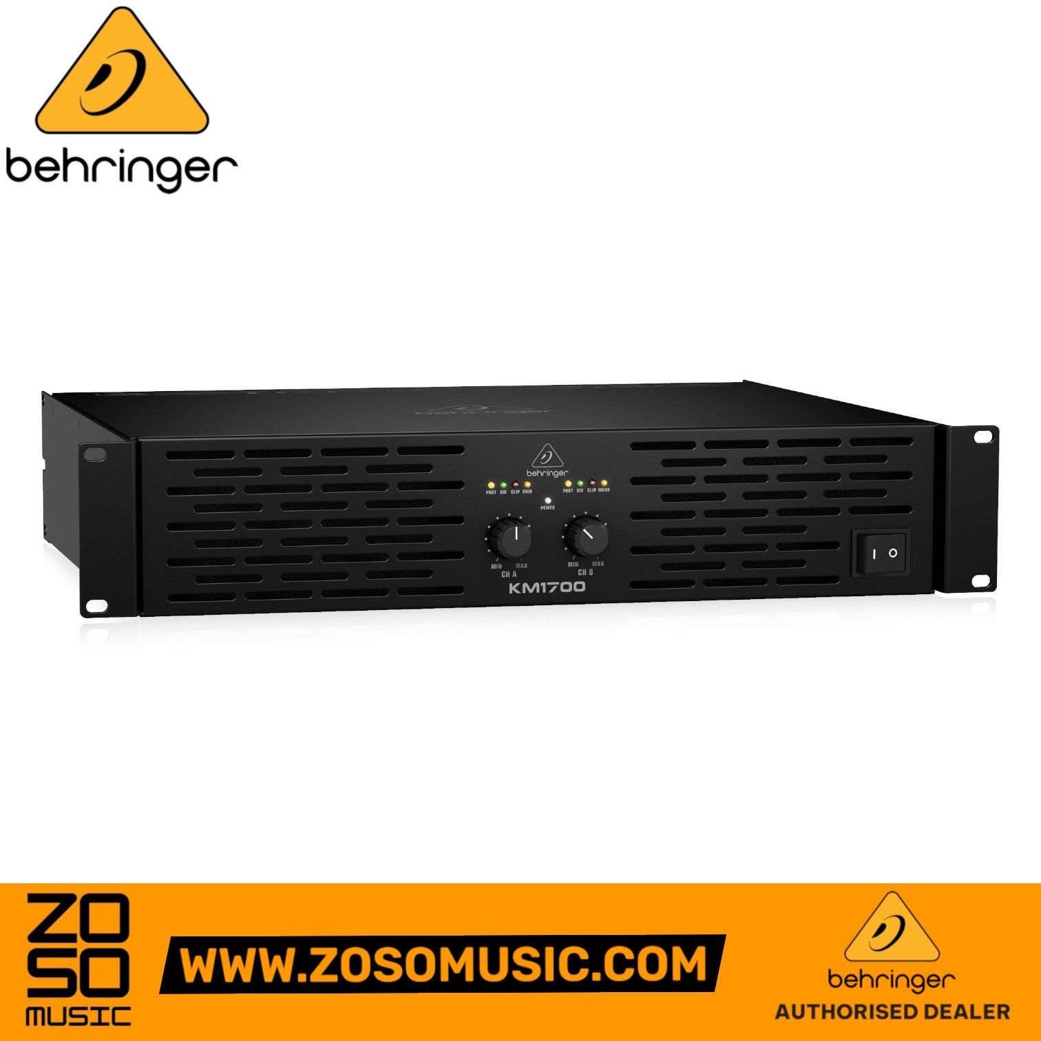 Zoso Music Behringer KM1700 1700-watt 2-channel power amplifier in a black steel chassis with front panel controls.