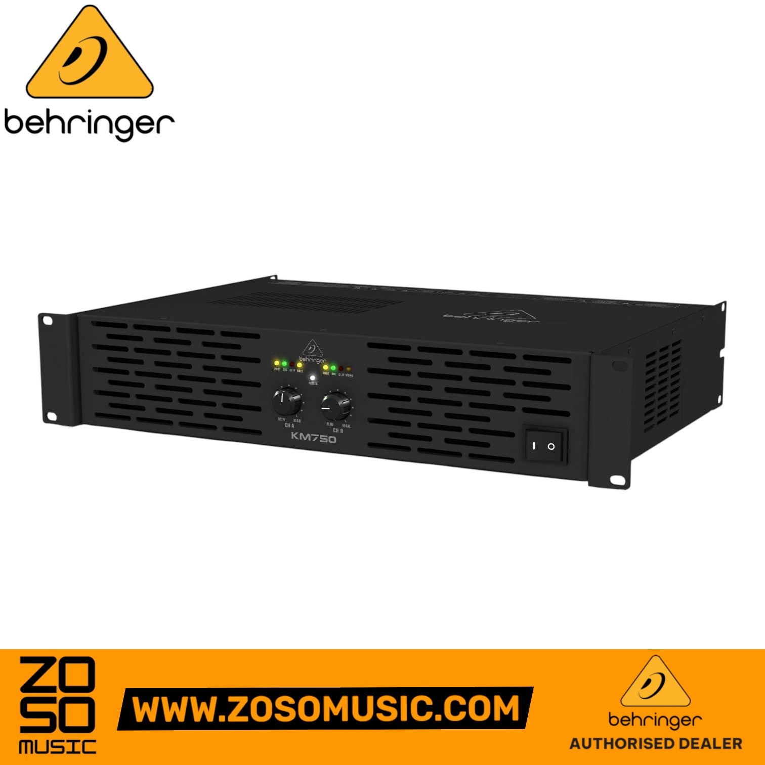 Zoso Music Behringer KM750 750-watt 2-channel power amplifier in a black steel chassis with front panel controls.