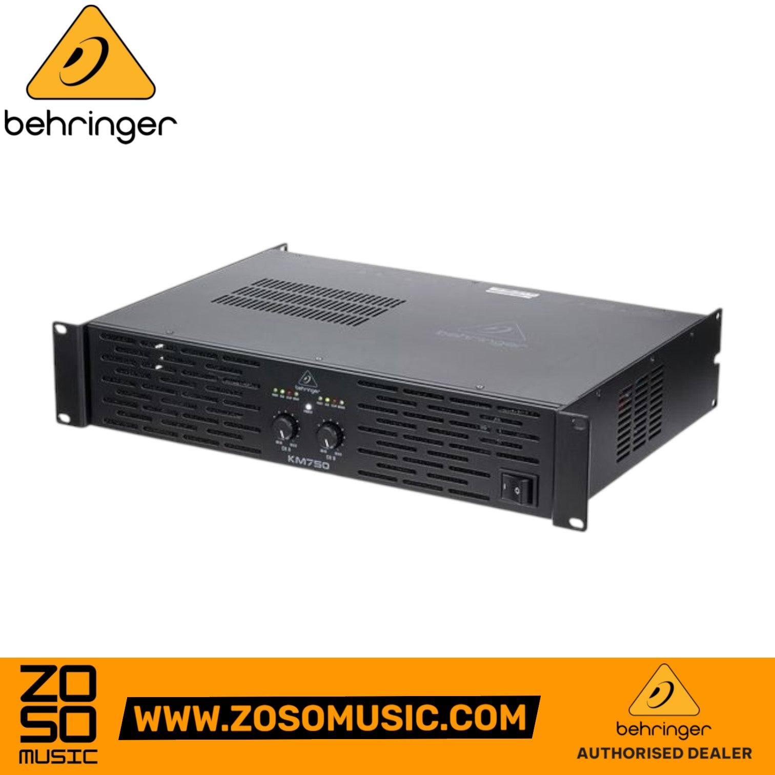 Zoso Music Behringer KM750 750-watt 2-channel power amplifier in a black rack-mount steel chassis