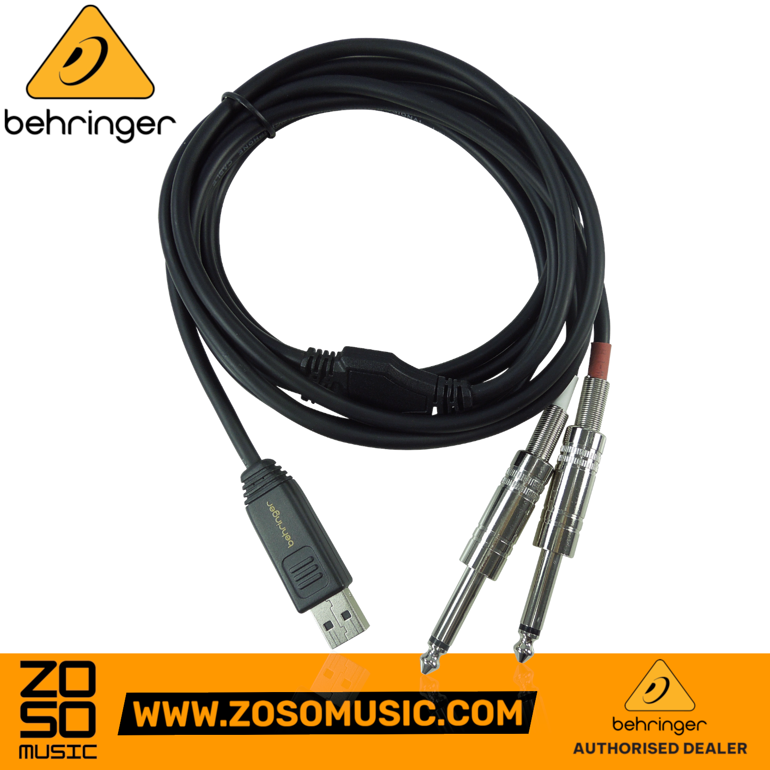 Zoso Music Behringer Line2USB stereo audio interface cable with dual 1/4 inch TS plugs and USB connector