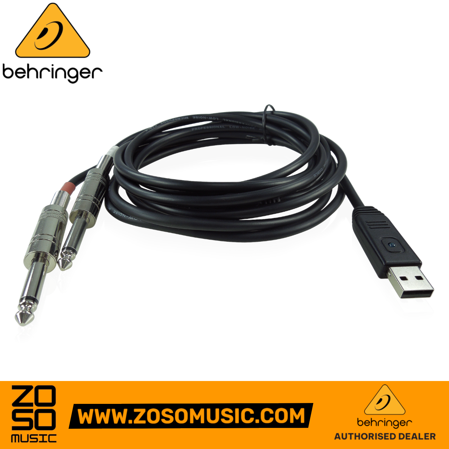 Zoso Music Behringer Line2USB audio interface cable with dual 1/4 inch TS connectors and USB-A plug for recording.