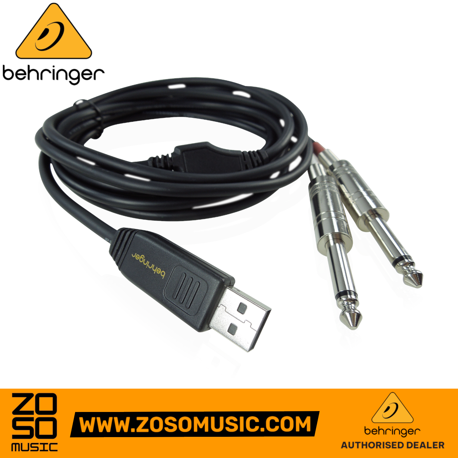 Zoso Music Behringer Line2USB audio interface cable with dual 1/4 inch TS connectors and USB-A plug
