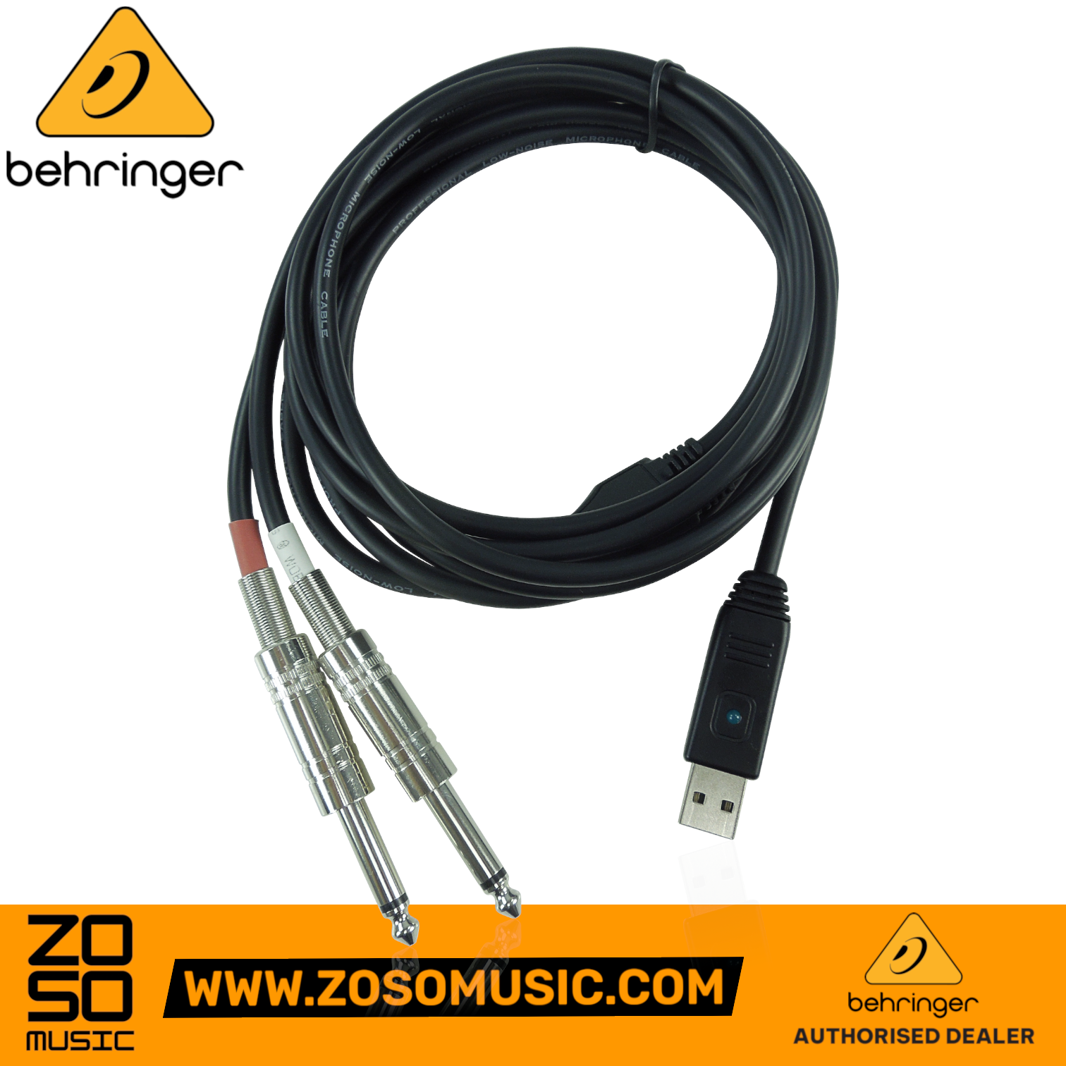 Zoso Music Behringer Line2USB stereo audio interface cable with dual 1/4 inch TS plugs and USB connector