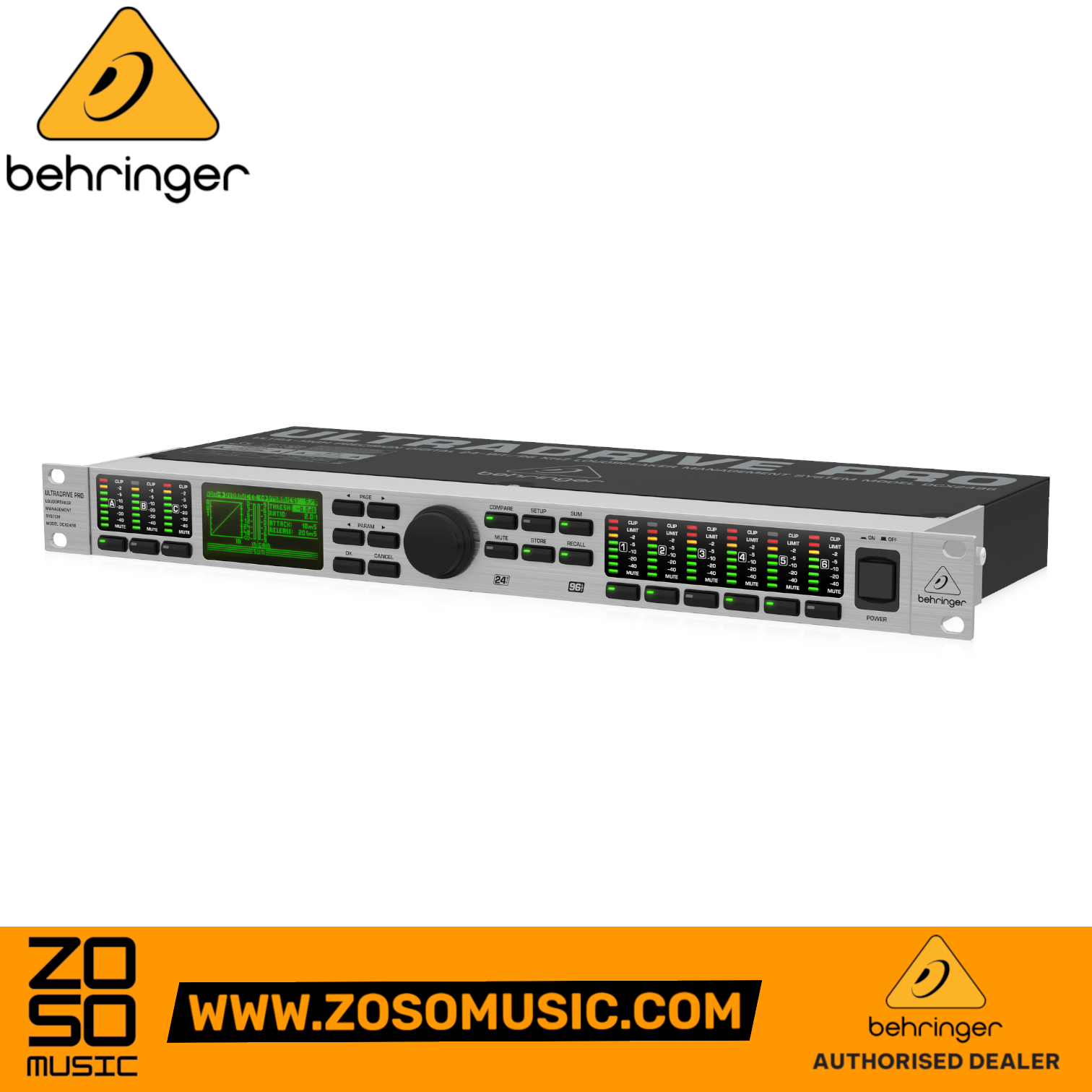 Zoso Music Behringer Ultra-Drive Pro DCX2496 digital loudspeaker management system with LCD screen and XLR controls.