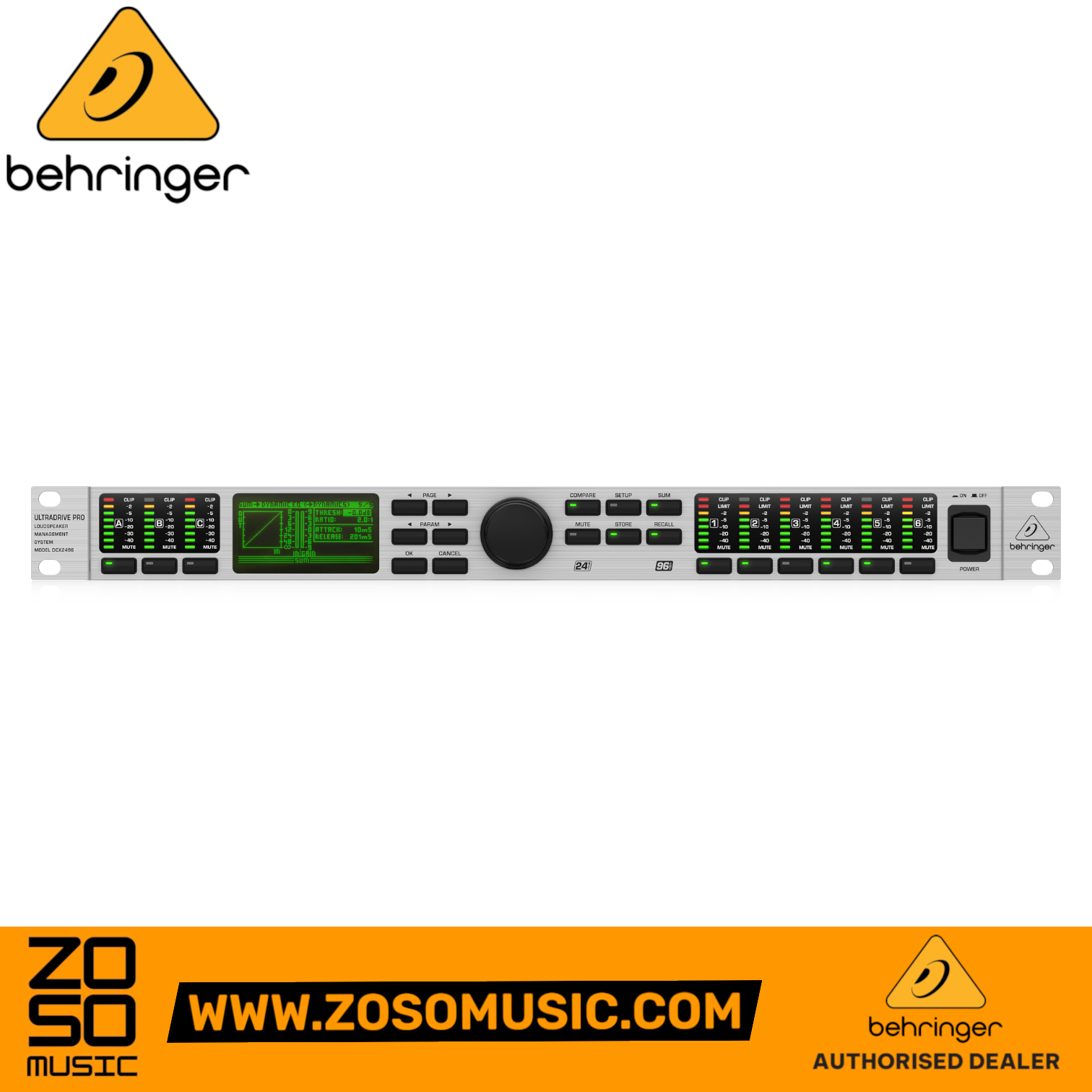 Zoso Music Behringer Ultra-Drive Pro DCX2496 digital loudspeaker management system with LED meters and LCD display.