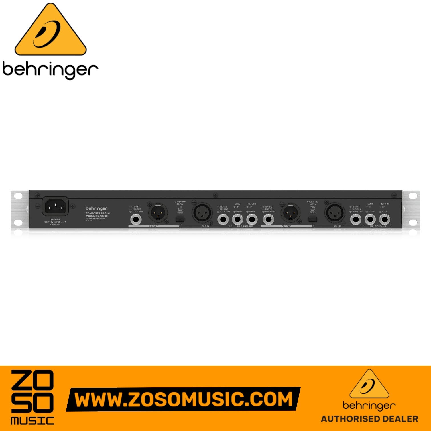 Zoso Music Behringer Composer Pro-XL MDX2600 V2 rear panel showing XLR and TRS inputs, outputs, and sidechain connectors.