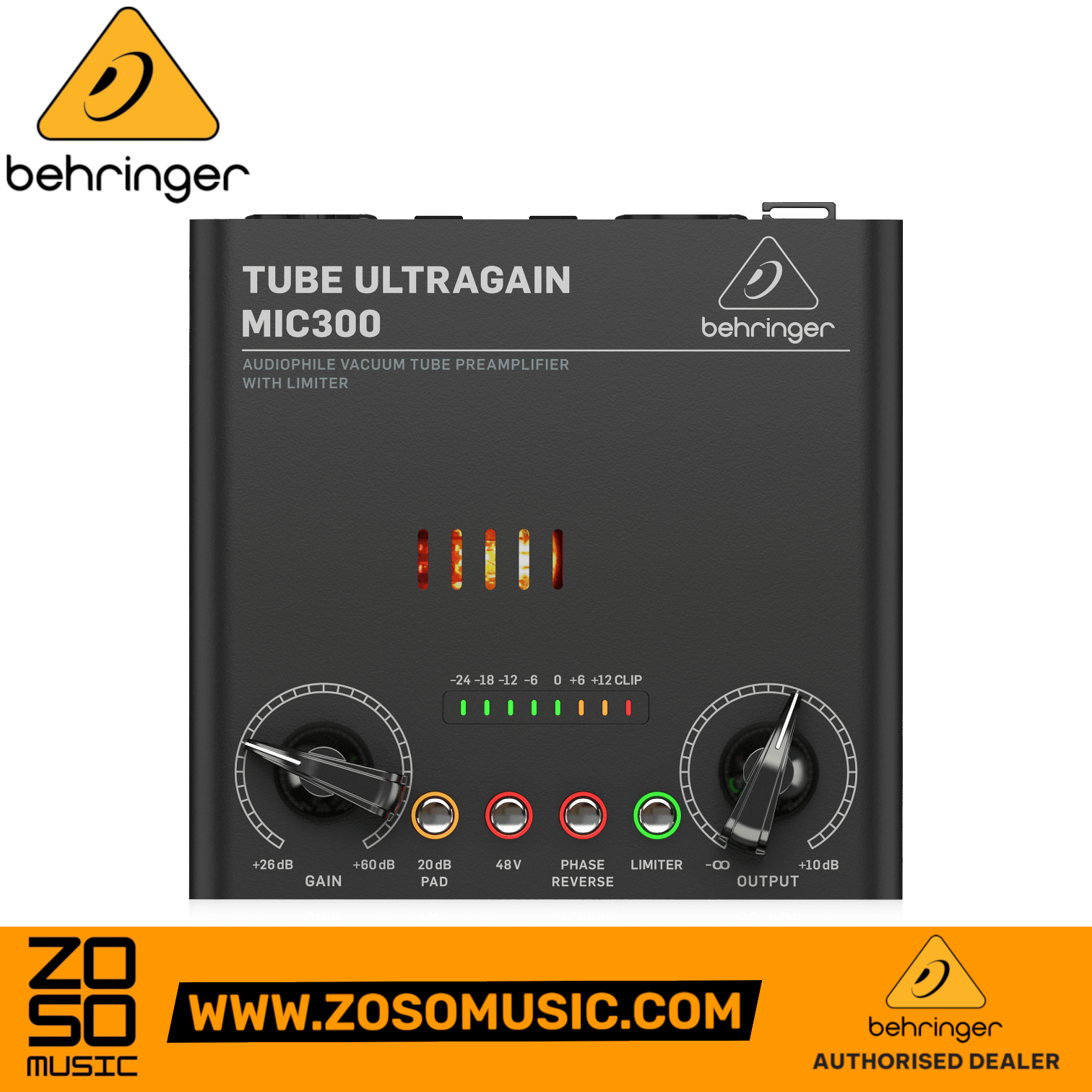Zoso Music Behringer MIC300 vacuum tube preamplifier with gain and output knobs, LED meter, and limiter controls.
