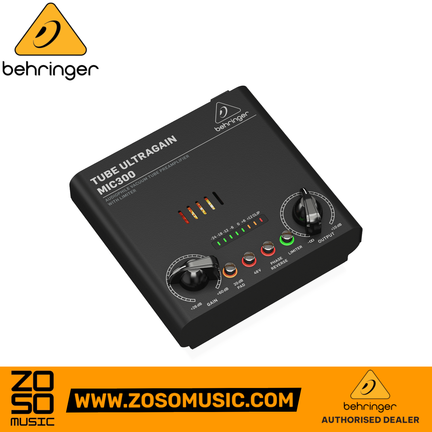 Zoso Music Behringer MIC300 vacuum tube preamplifier with gain and output knobs, LED meter, and phantom power controls.