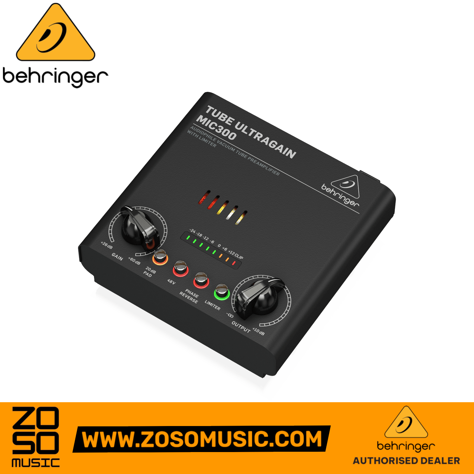 Zoso Music Behringer MIC300 vacuum tube preamplifier with LED level meter, gain and output knobs in a black chassis.