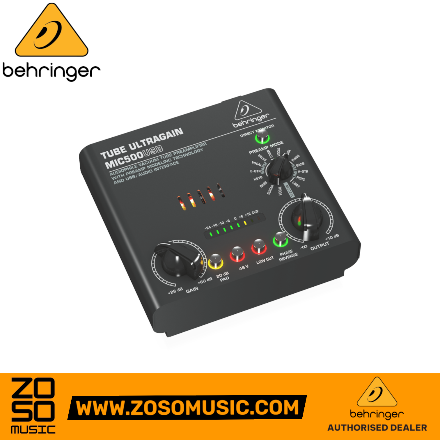 Zoso Music Behringer MIC500USB vacuum tube preamplifier with preamp mode dial, gain control, and LED level meter.