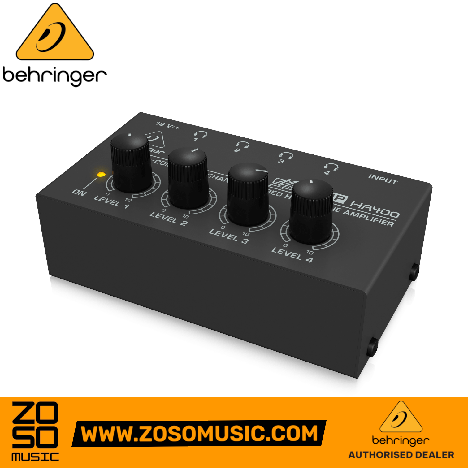 Zoso Music Behringer MicroAMP HA400 4-channel headphone amplifier in black with individual volume control knobs