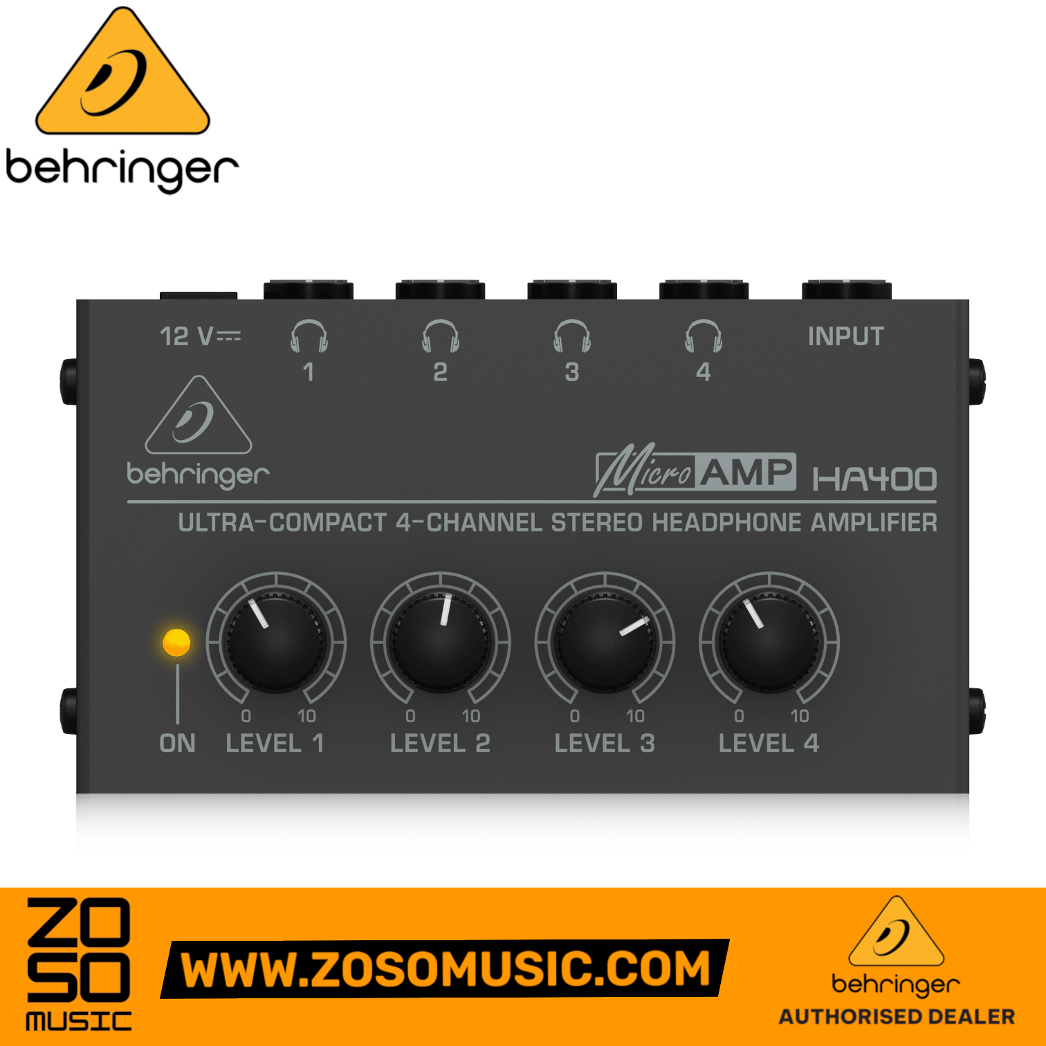 Zoso Music Behringer MicroAMP HA400 4-channel stereo headphone amplifier with individual volume control knobs