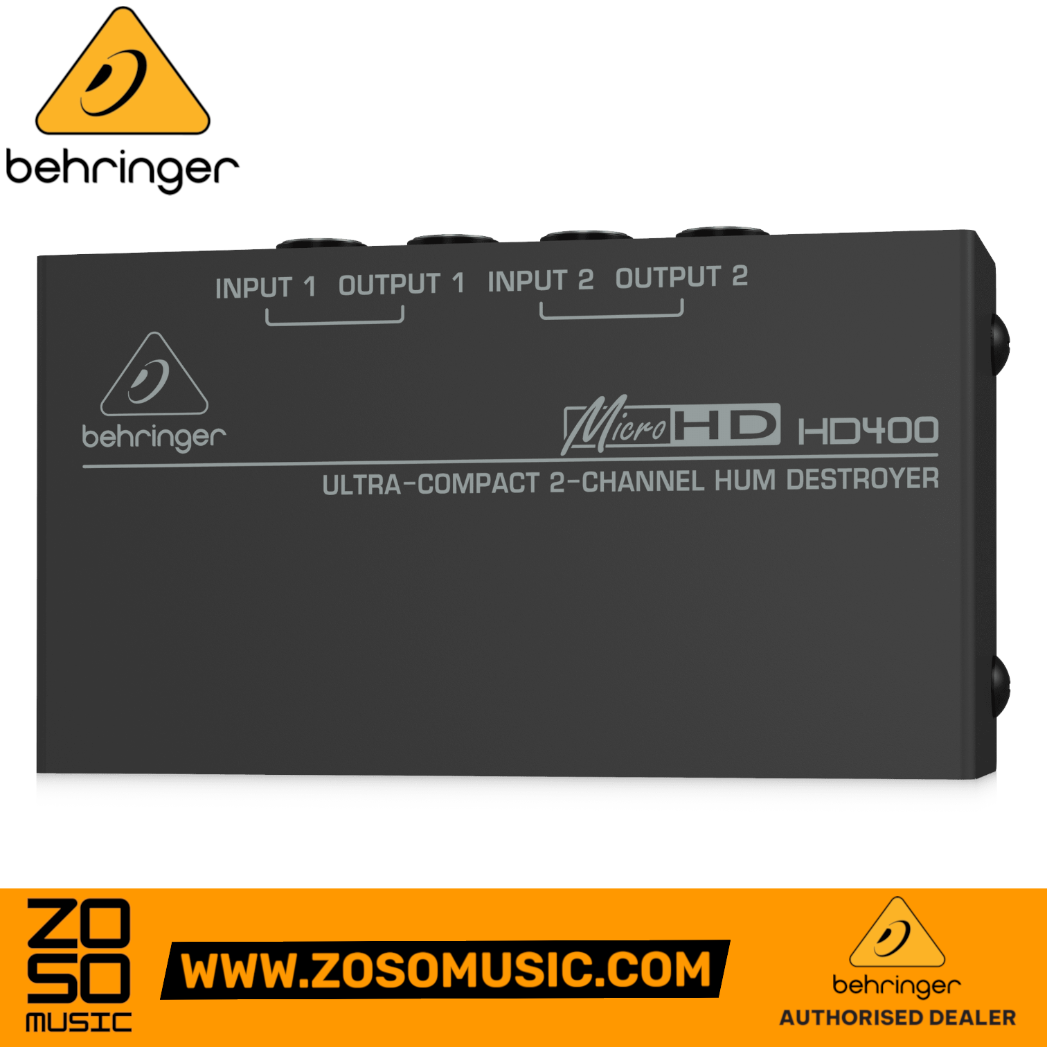Zoso Music Behringer MicroHD HD400 2-channel hum destroyer and direct box in a compact black metal chassis.