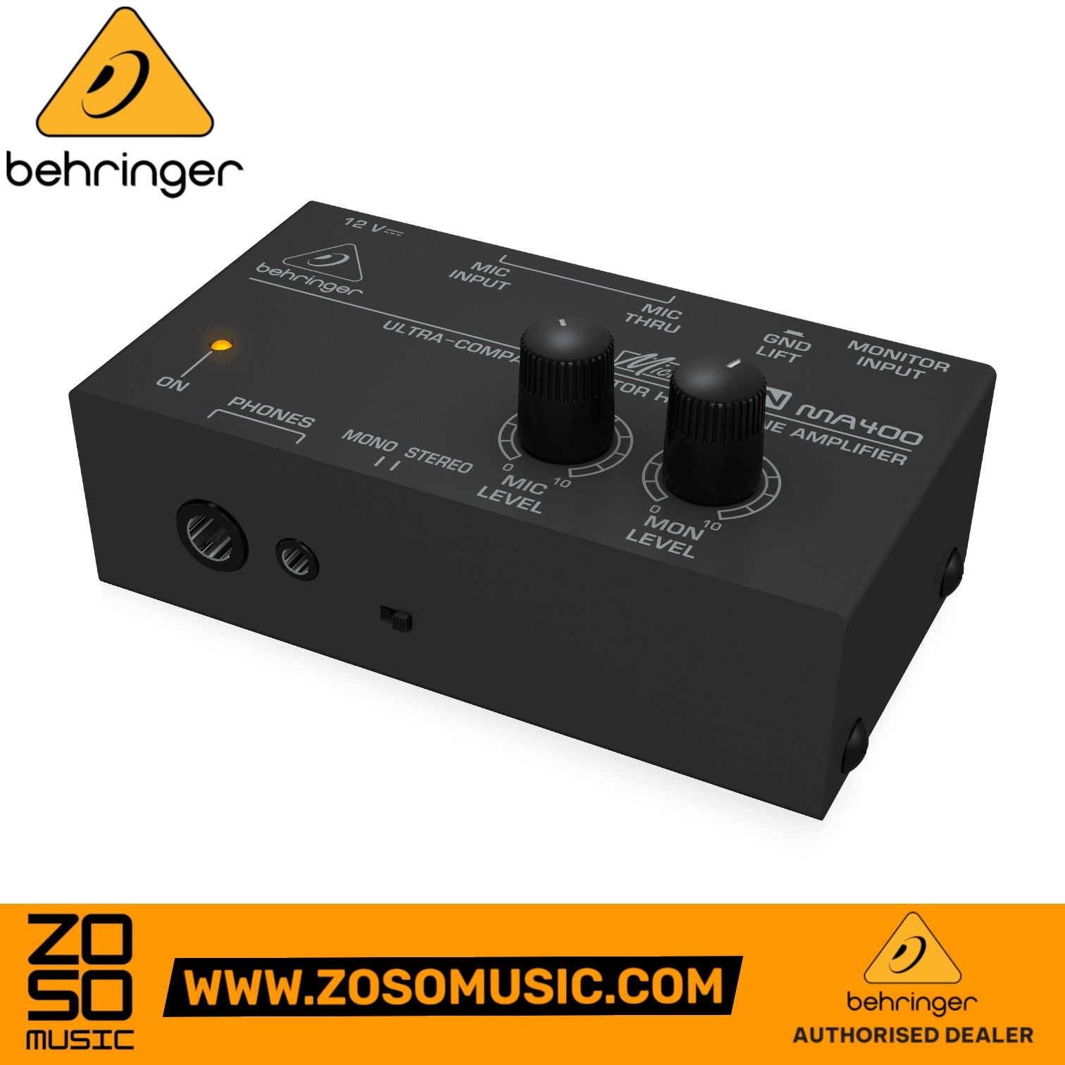 Zoso Music Behringer MicroMON MA400 monitor headphone amplifier with mic and monitor level controls in black