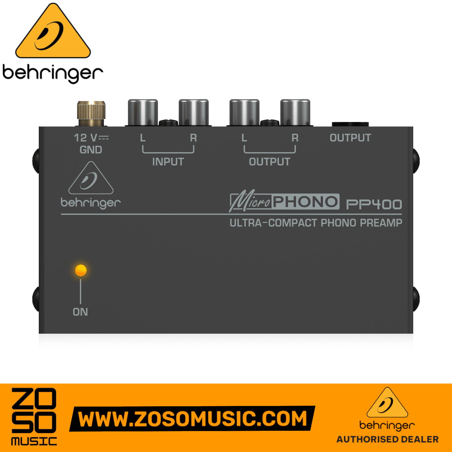 Zoso Music Behringer Microphono PP400 phono preamplifier with RCA inputs and outputs in a compact black metal chassis
