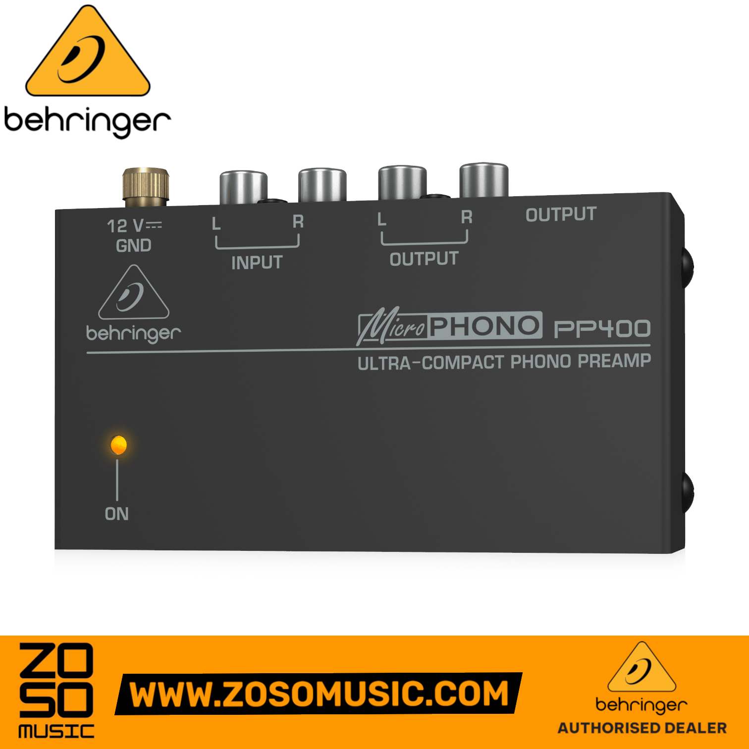 Zoso Music Behringer Microphono PP400 ultra-compact phono preamplifier with RCA inputs and outputs in black metal case