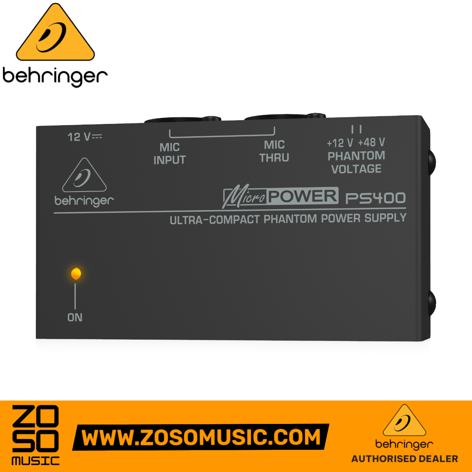 Zoso Music Behringer MicroPower PS400 phantom power supply with selectable 12V or 48V settings in a metal housing