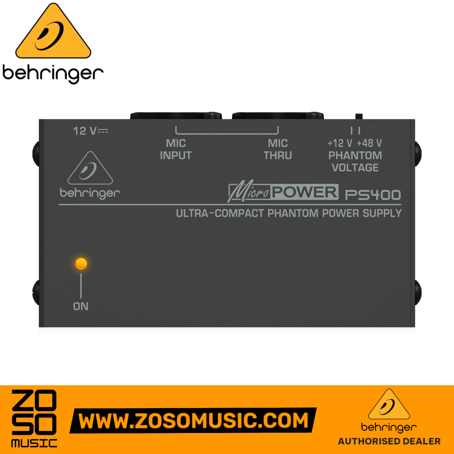 Zoso Music Behringer MicroPower PS400 phantom power supply with selectable 12V or 48V voltage in a compact metal case