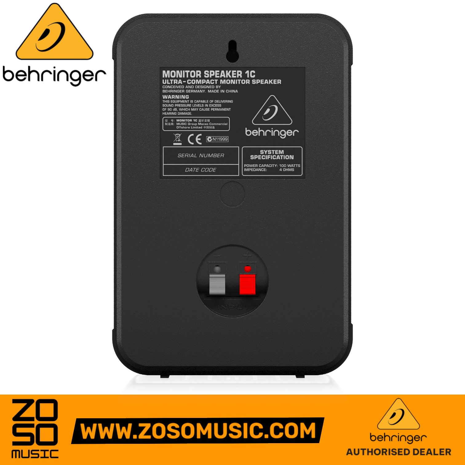 Zoso Music Behringer 1C-BK monitor speaker back panel showing input terminals and technical specifications