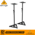 Zoso Music pair of black heavy-duty Behringer SM5002 height-adjustable studio monitor stands with triangular bases.