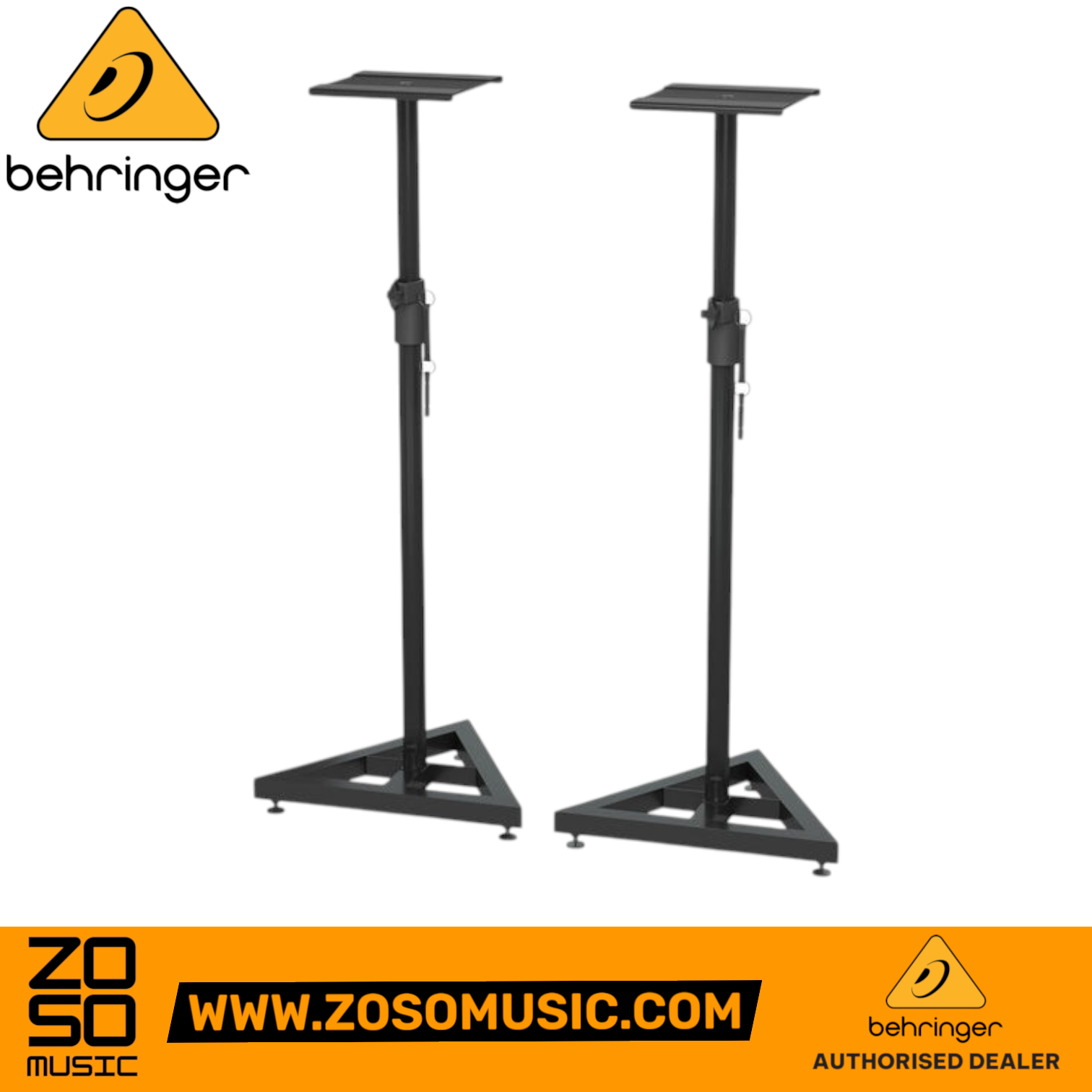 Zoso Music Behringer SM5002 pair of black heavy-duty height-adjustable studio monitor stands with triangular bases.