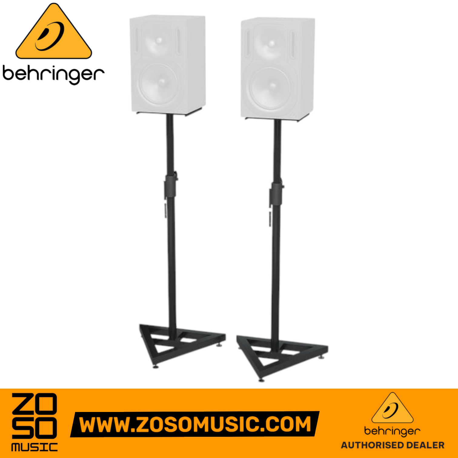 Zoso Music Behringer SM5002 heavy-duty black steel monitor stands with triangular bases and adjustable height