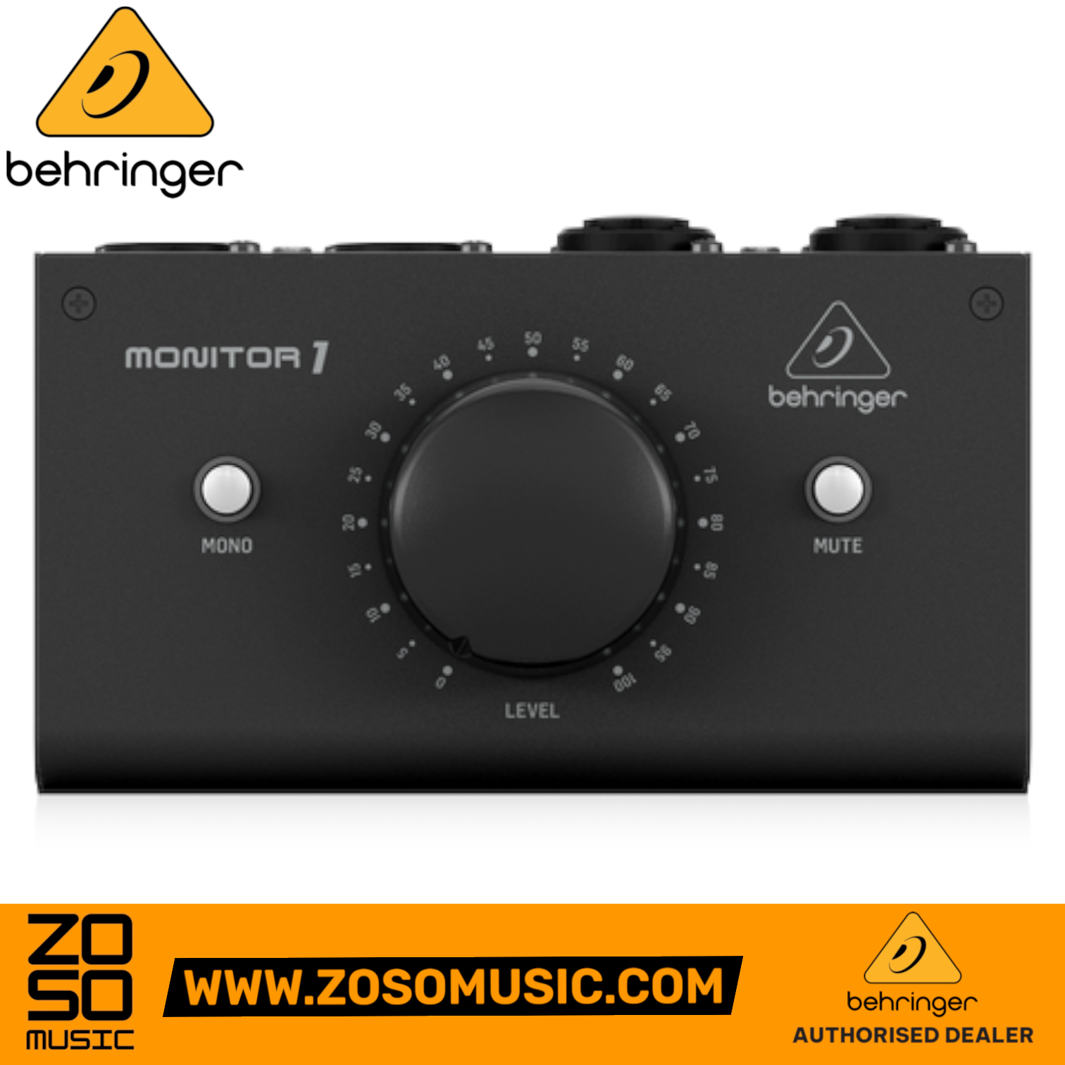 Zoso Music Behringer Monitor1 passive stereo volume controller with large central level knob, mono, and mute buttons.