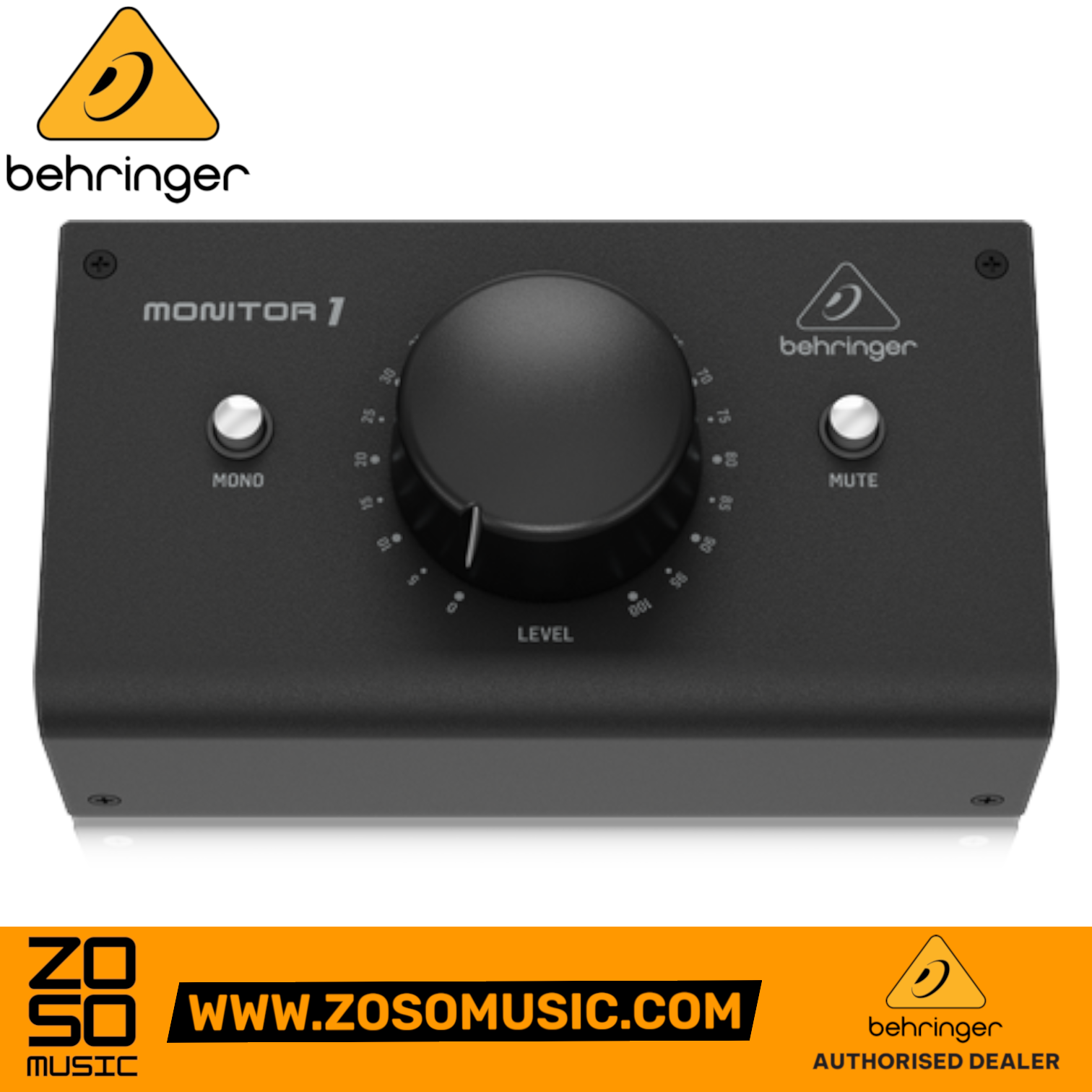 Zoso Music Behringer Monitor1 passive stereo monitor controller with large central volume knob, mono, and mute buttons.