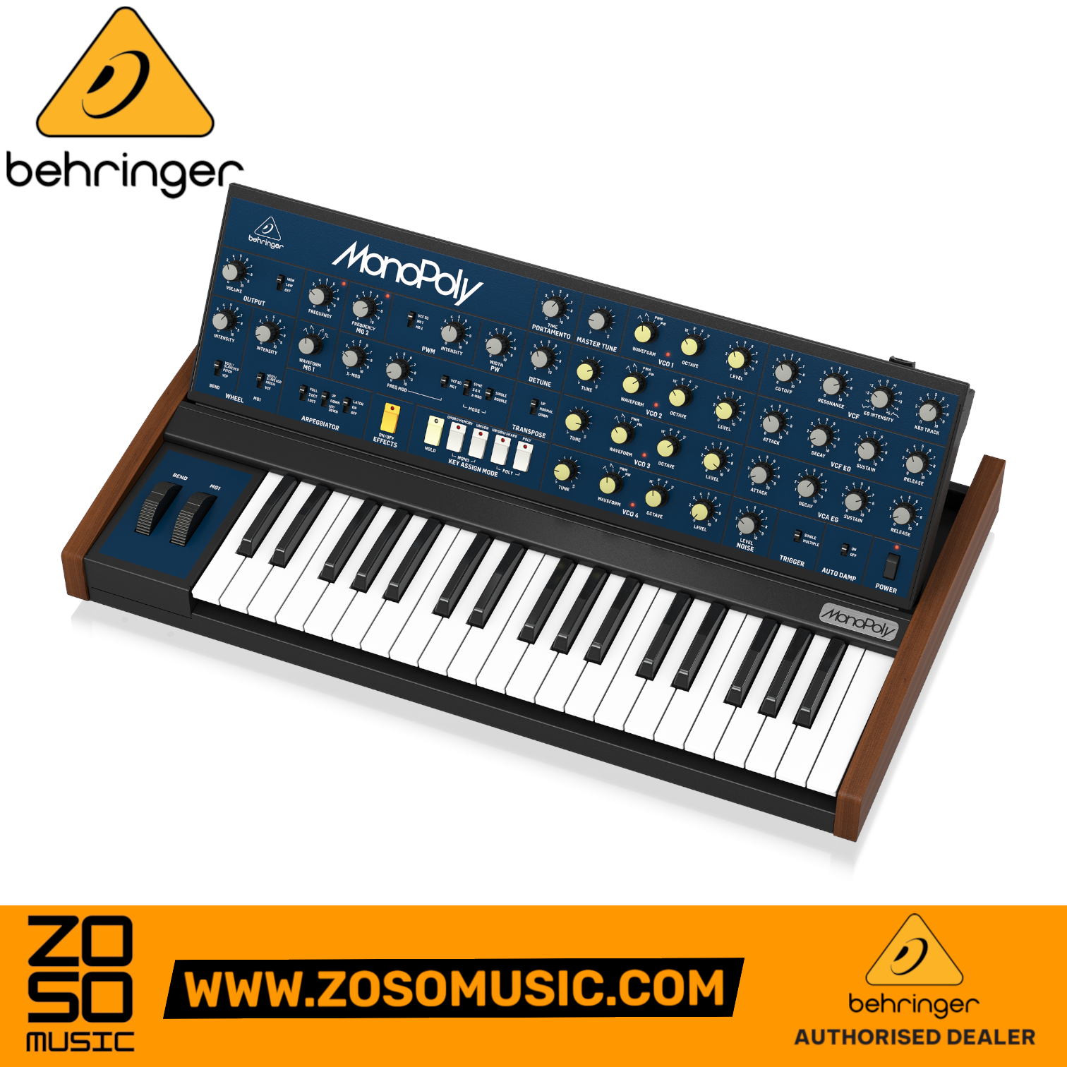 Zoso Music Behringer MonoPoly 4-voice analog synthesizer with 37 keys, blue control panel, and wood side panels.