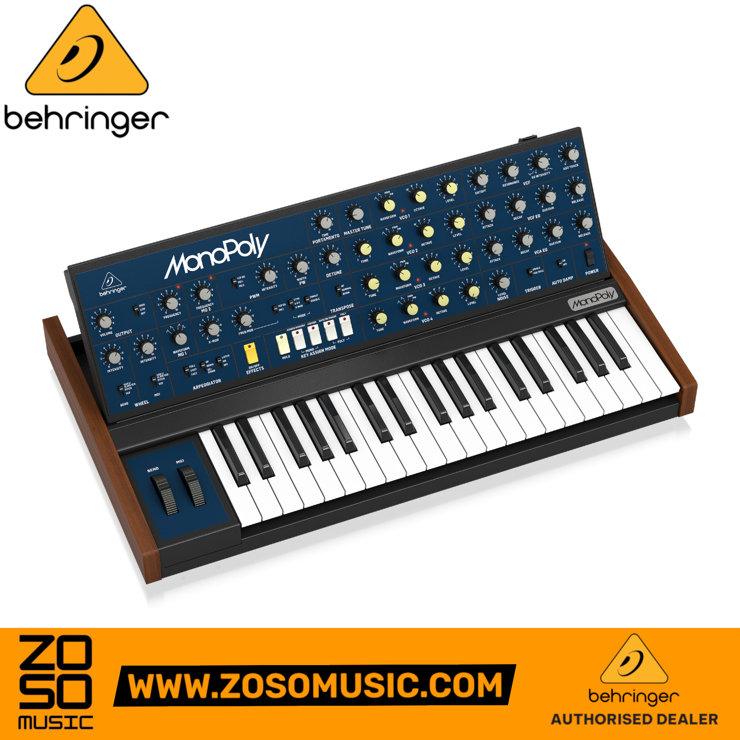 Zoso Music Behringer MonoPoly 37-key 4-voice analog synthesizer with wood side panels and angled control interface.