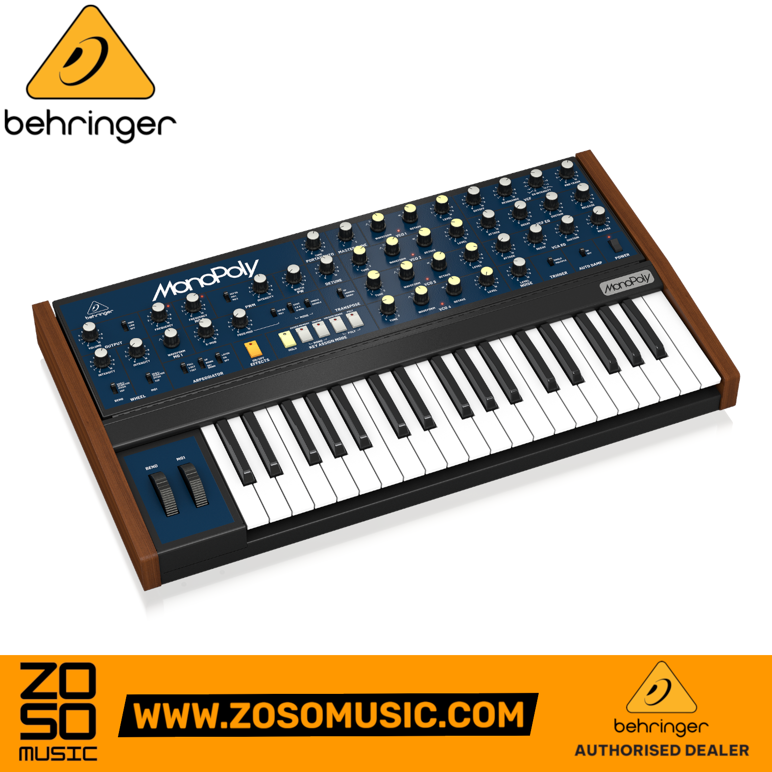 Zoso Music Behringer MonoPoly 4-voice analog synthesizer with 37 keys, blue control panel, and wood side panels.