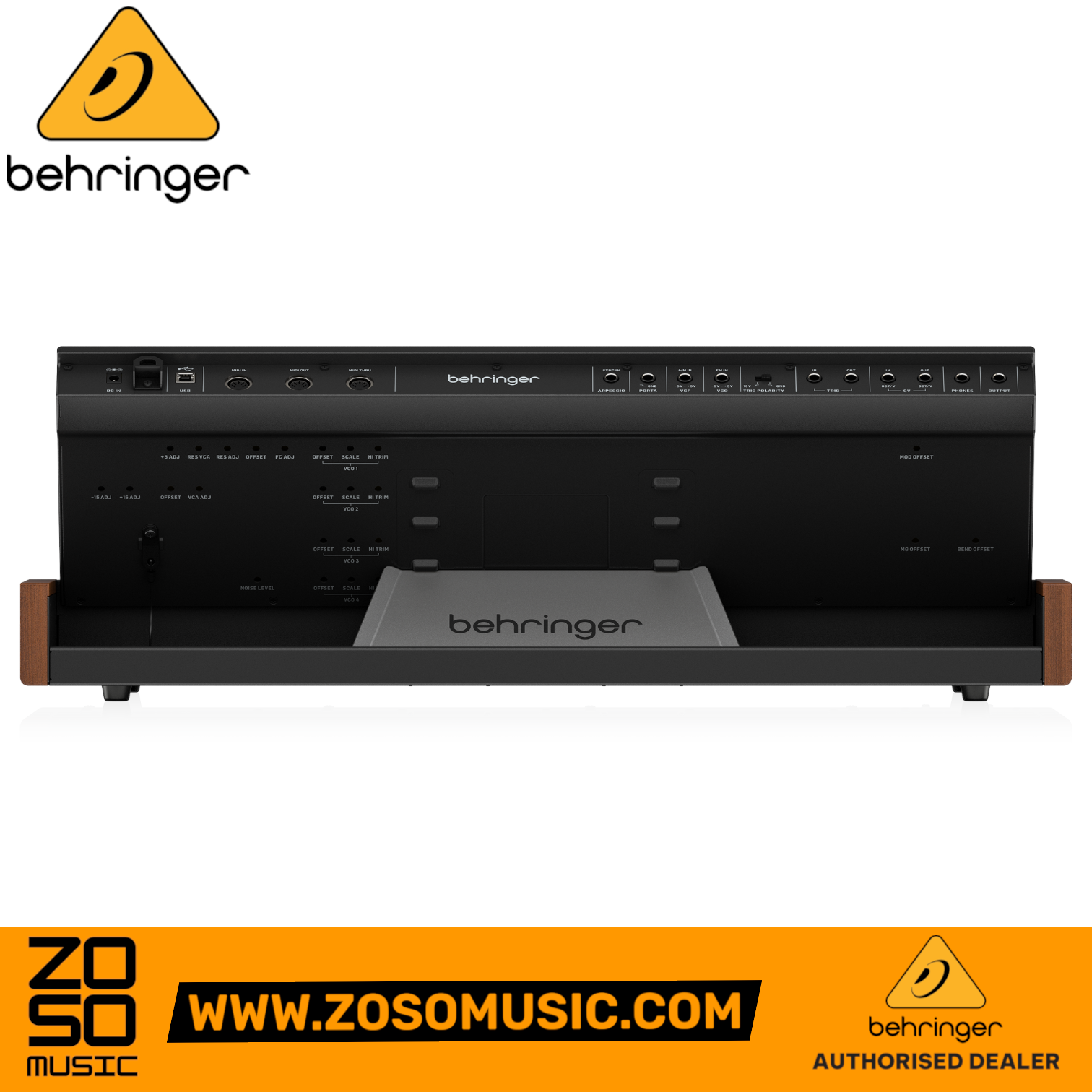 Rear panel of the Zoso Music Behringer Monopoly 4-voice analog synthesizer showing MIDI, USB, and audio connectivity ports.