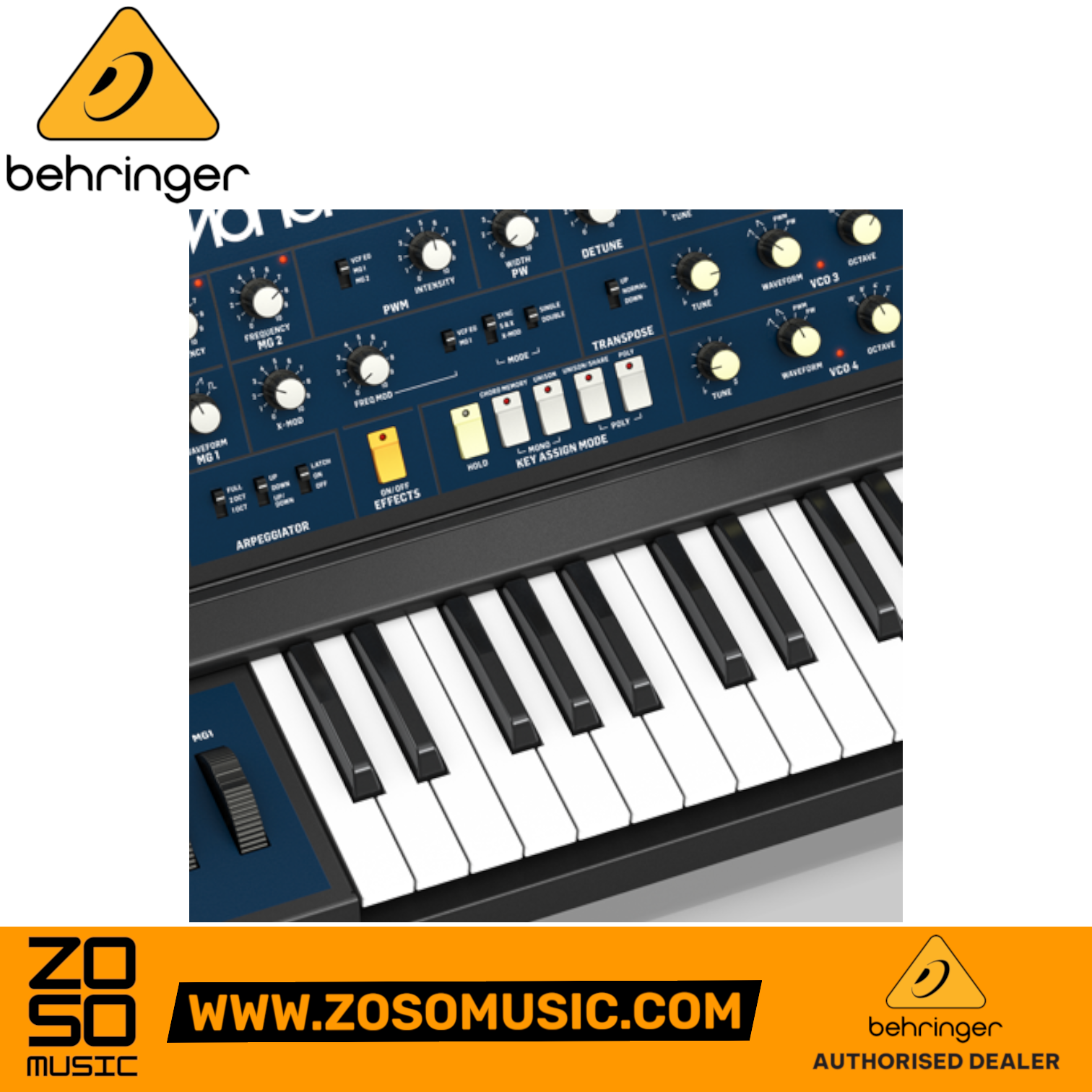 Zoso Music Behringer Monopoly analog synthesizer showing the control panel, knobs, and semi-weighted keyboard keys.