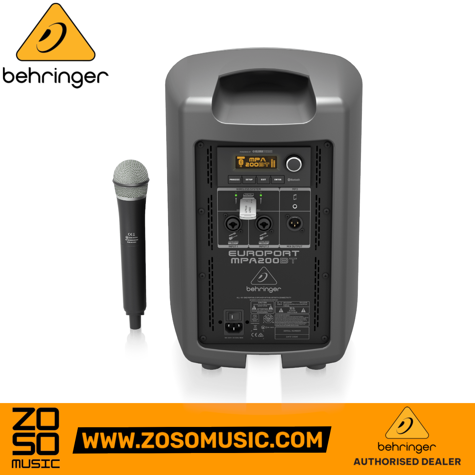 Zoso Music Behringer MPA200BT portable PA system rear view with wireless microphone and digital mixer interface